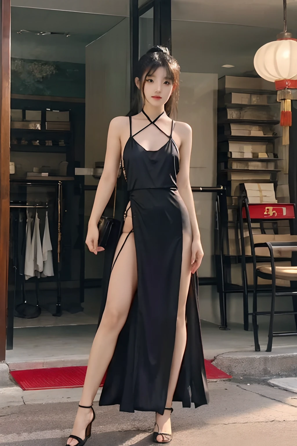 Chinese martial arts beauty, Dashing pose, pony tails, Bare breasts looking at camera long skirt long slip dress black slip dress grooved front view transparent suspender