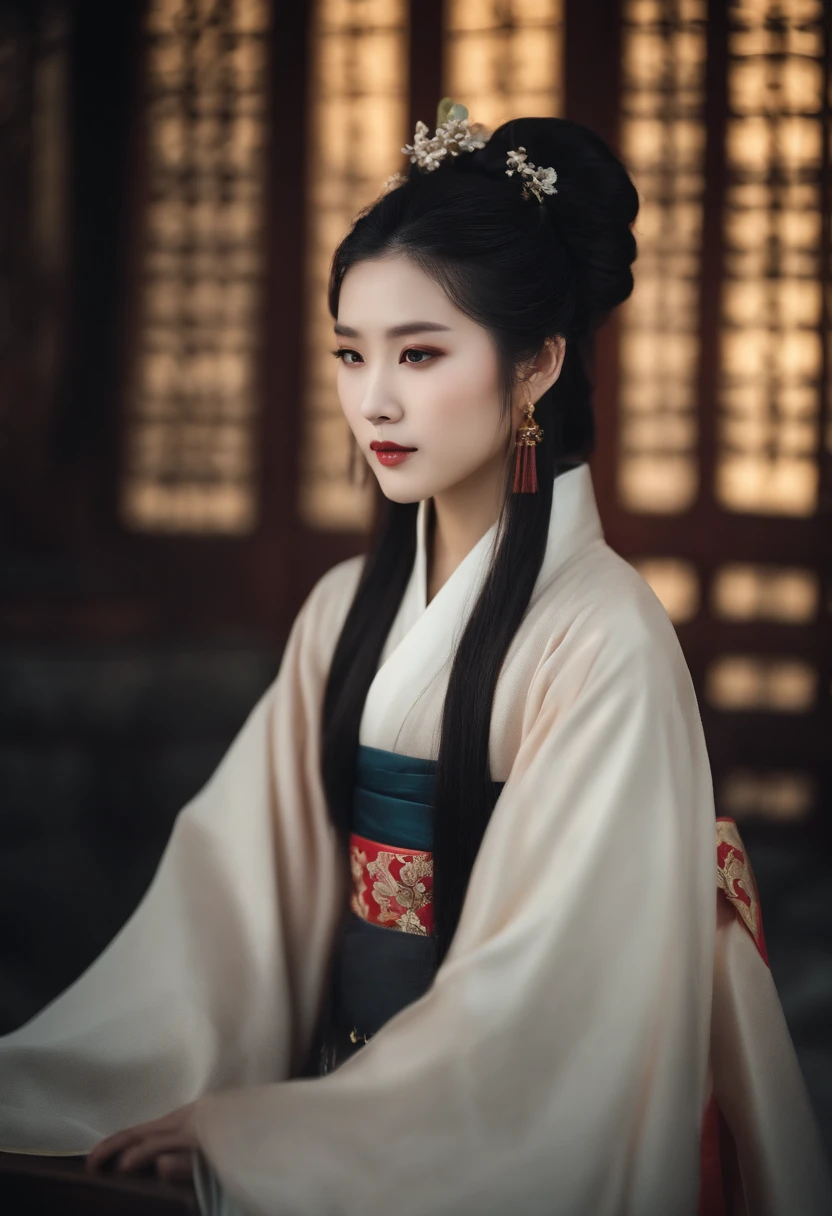 An ancient Chinese girl, Light-colored hair, Slightly curled, Realistic facial features, Hanfu,high high quality,big breasts beautiful,tmasterpiece,Best quality at best