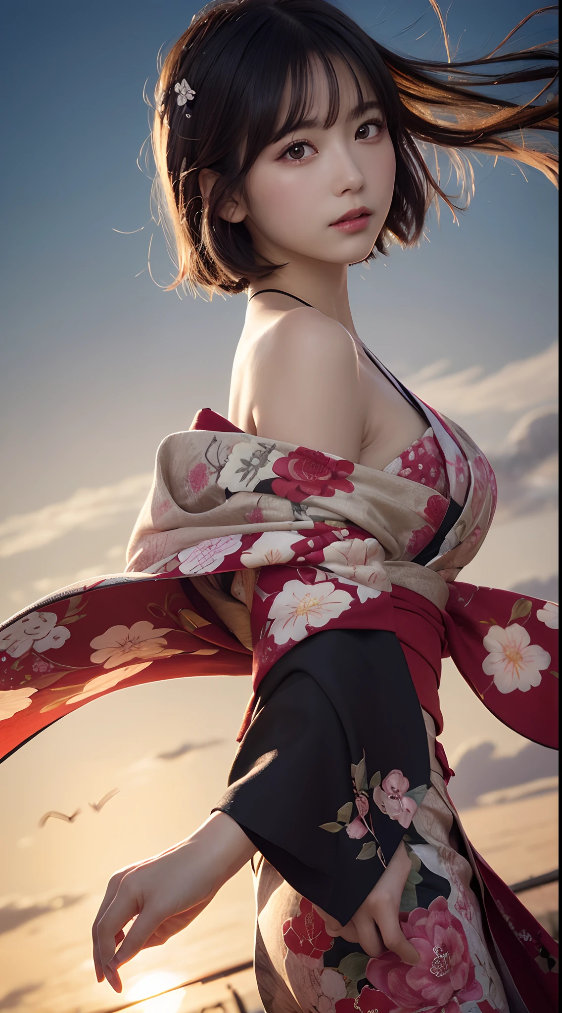 masutepiece, Best Quality, Illustration, Ultra-detailed, finely detail, hight resolution, 8K Wallpaper, Perfect dynamic composition, Beautiful detailed eyes, Kimono, (black-short-hair)