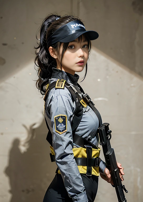 Highest image quality, outstanding details, ultra-high resolution, (realism: 1.4), (cowboy shot, from side view, looking at another), the best illustration, favor details, highly condensed 1girl, with a delicate and beautiful face, vigilance, ((holding a gun at the ready)), ponytail, captain, (wearing racing suit likes police uniform, black and gray mecha, wearing a visor, military harness, grenades, holding a machinegun with both hands), background simple grey wall,