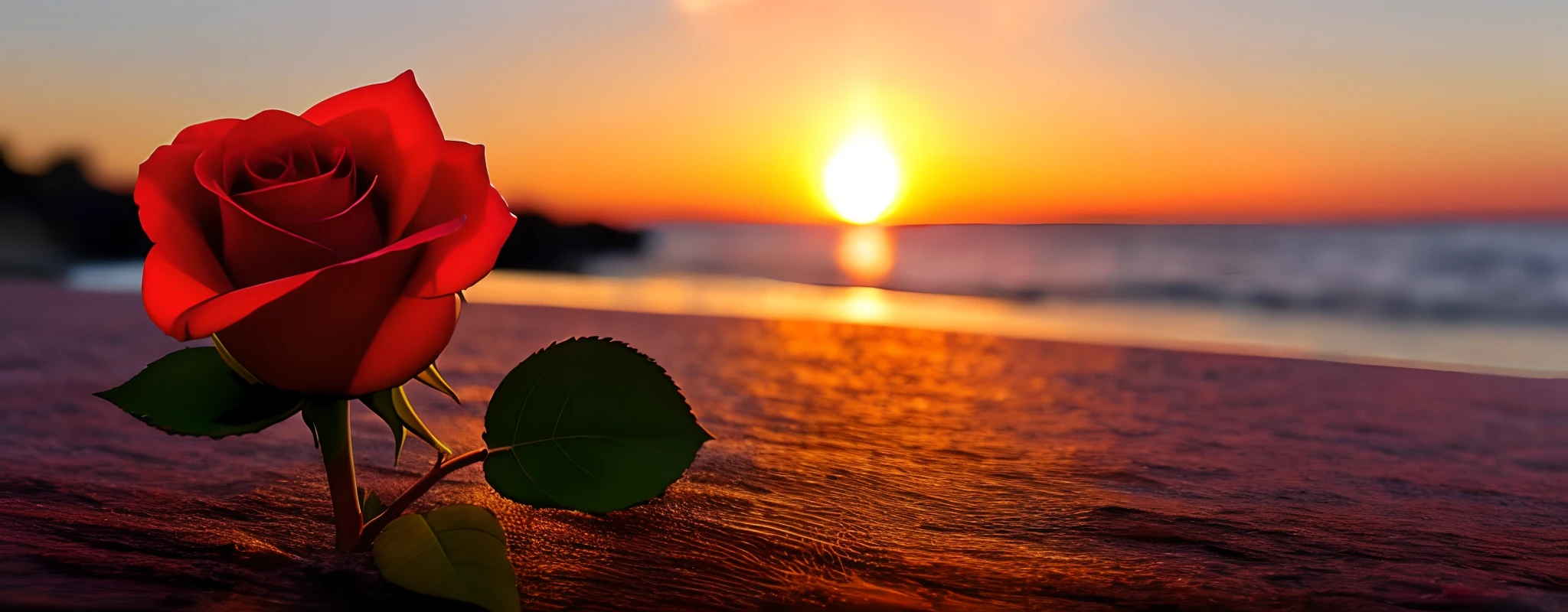 Close-up shot, a rose flower, the background is the gorgeous sunset by the sea, real texture, warm