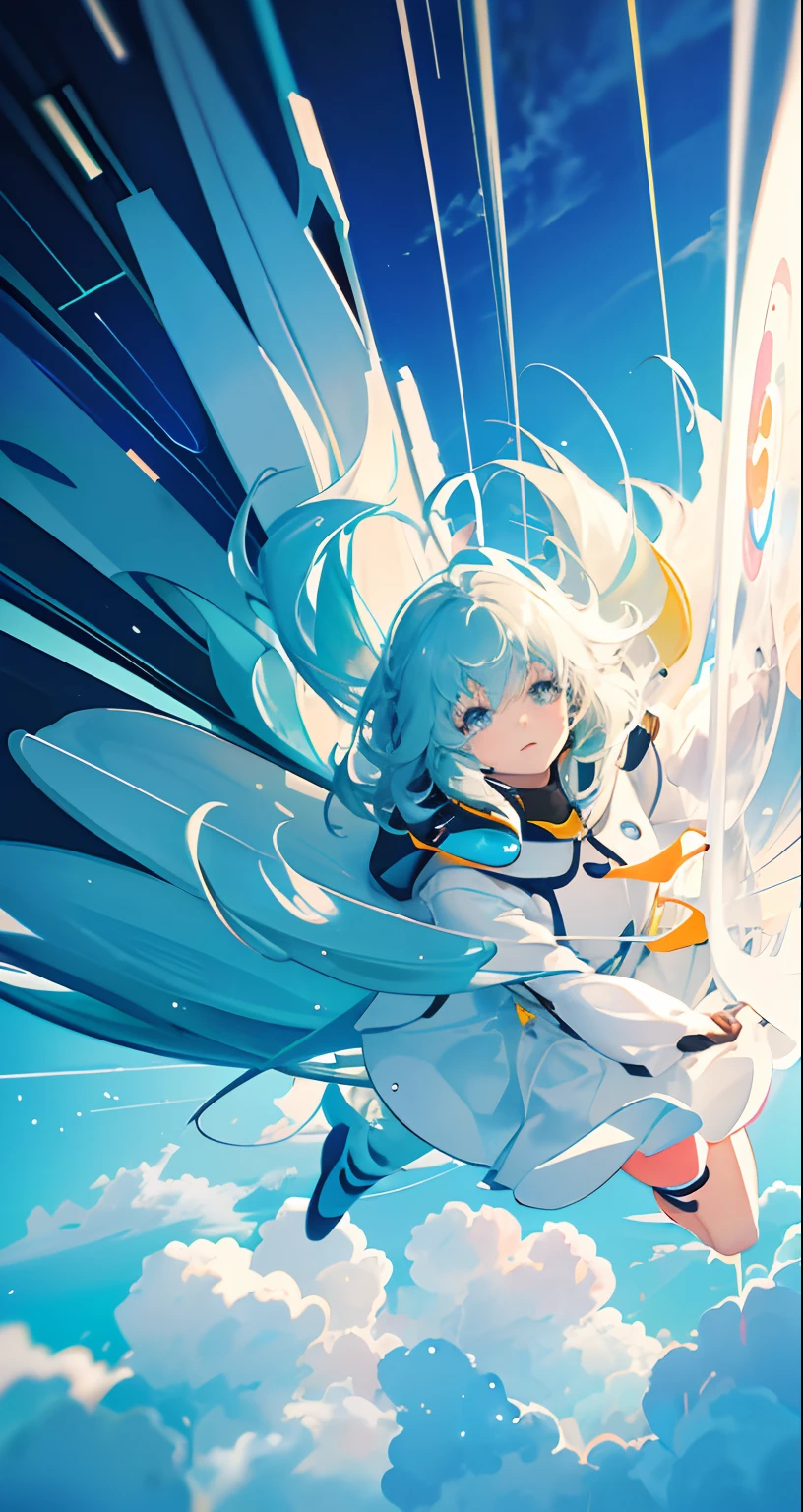 masterpiece, best quality, movie still, 1girl, floating in the sky, cloud girl, cloud, (close-up:1.1), bright, happy, fun, soft lighting, (Bauhaus, shapes, lines, abstract:1.1)