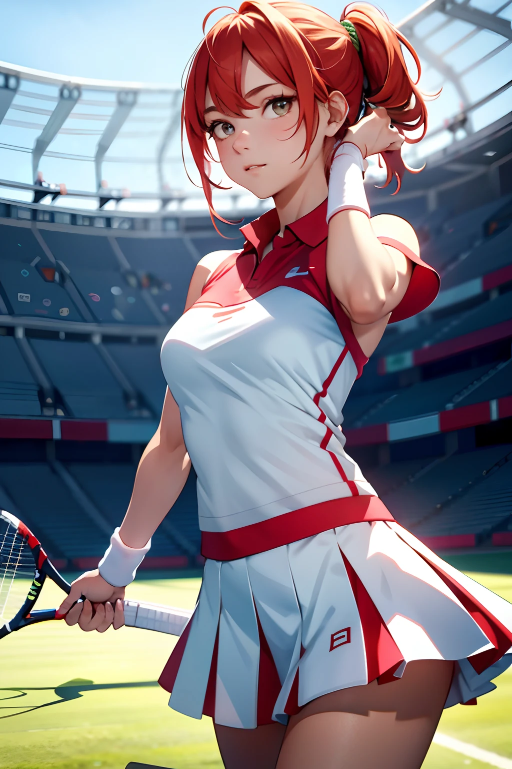 1 female tennis player,White shirt,Red skirt,White socks,dual horsetail,(vibrancy:1.3)、Tennis racket in hand,Exercise posture,(stadio:1.5)、closeup cleavage、RAW photography, top-quality, A high resolution, (tmasterpiece), (Photorealsitic:1.4),foco nítido, 8K分辨率, intricately details, depth of fields, the Extremely Detailed CG Unity 8K Wallpapers, Frontlighting,