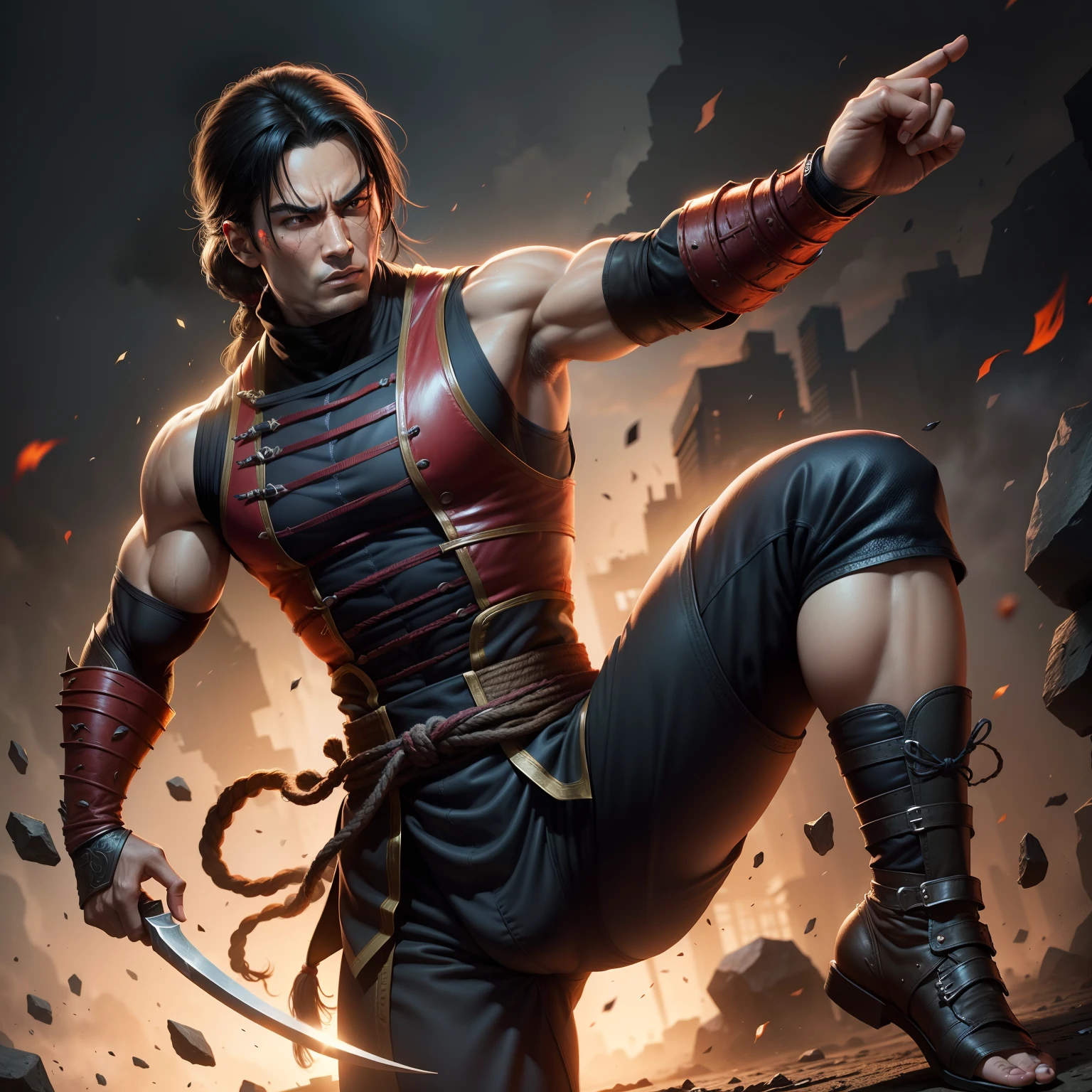 A man look like aladdin  Runing And jumping other buildings,Amazing sword in hand,Prince black parisa hair,shadow rogue, shadow power, RPG, medieval city scenery, assassin, brown eyes, rogue armor , night, black tones, nightmare,full body,4K