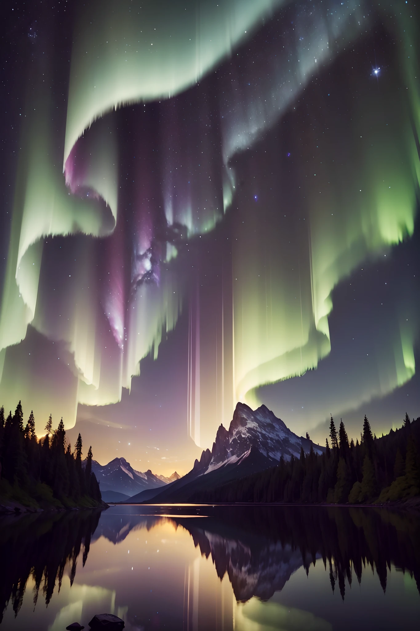 (best quality,4k,8k,highres,masterpiece:1.2),ultra-detailed,realistic,photorealistic:1.37,night sky,shimmering stars,galaxies,cosmic wonders,majestic Aurora Borealis,vivid colors,dreamlike atmosphere,hopeful and peaceful feelings,starlight reflections on calm water,beautiful celestial bodies,magical moment,natural phenomenon,mystical beauty,serene landscape,astrophotography,night exploration,moonlit night,tranquil scene