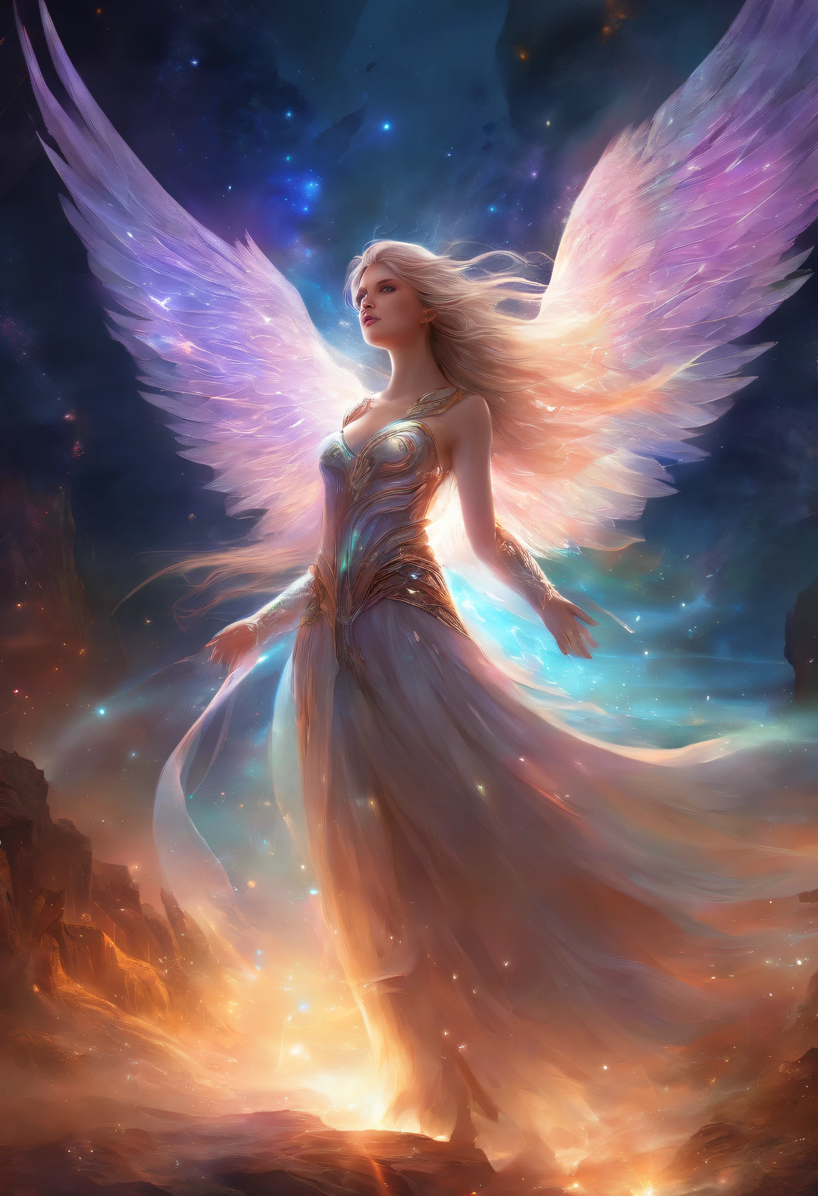 Cosmic Fallen Female Angel, Bright and clear eyes, Biomechanicals, Strangely, horrid, nightmare, Very bright colors, Light particles, There is bright light, Mshiv, wallpaper art, ultra HD wallpaper