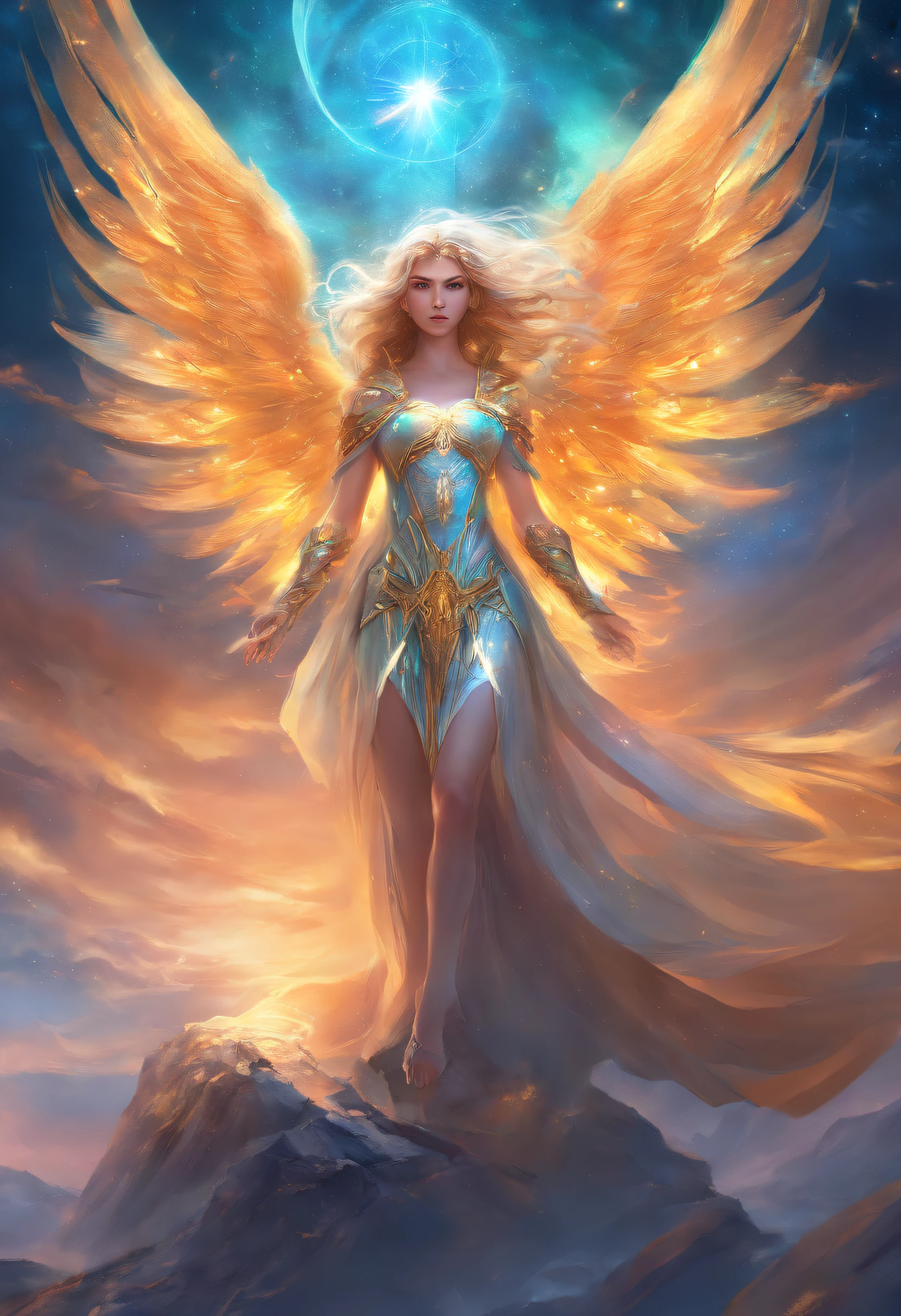 Cosmic Fallen Female Angel, Bright and clear eyes, Biomechanicals, Strangely, horrid, nightmare, Very bright colors, Light particles, There is bright light, Mshiv, wallpaper art, ultra HD wallpaper