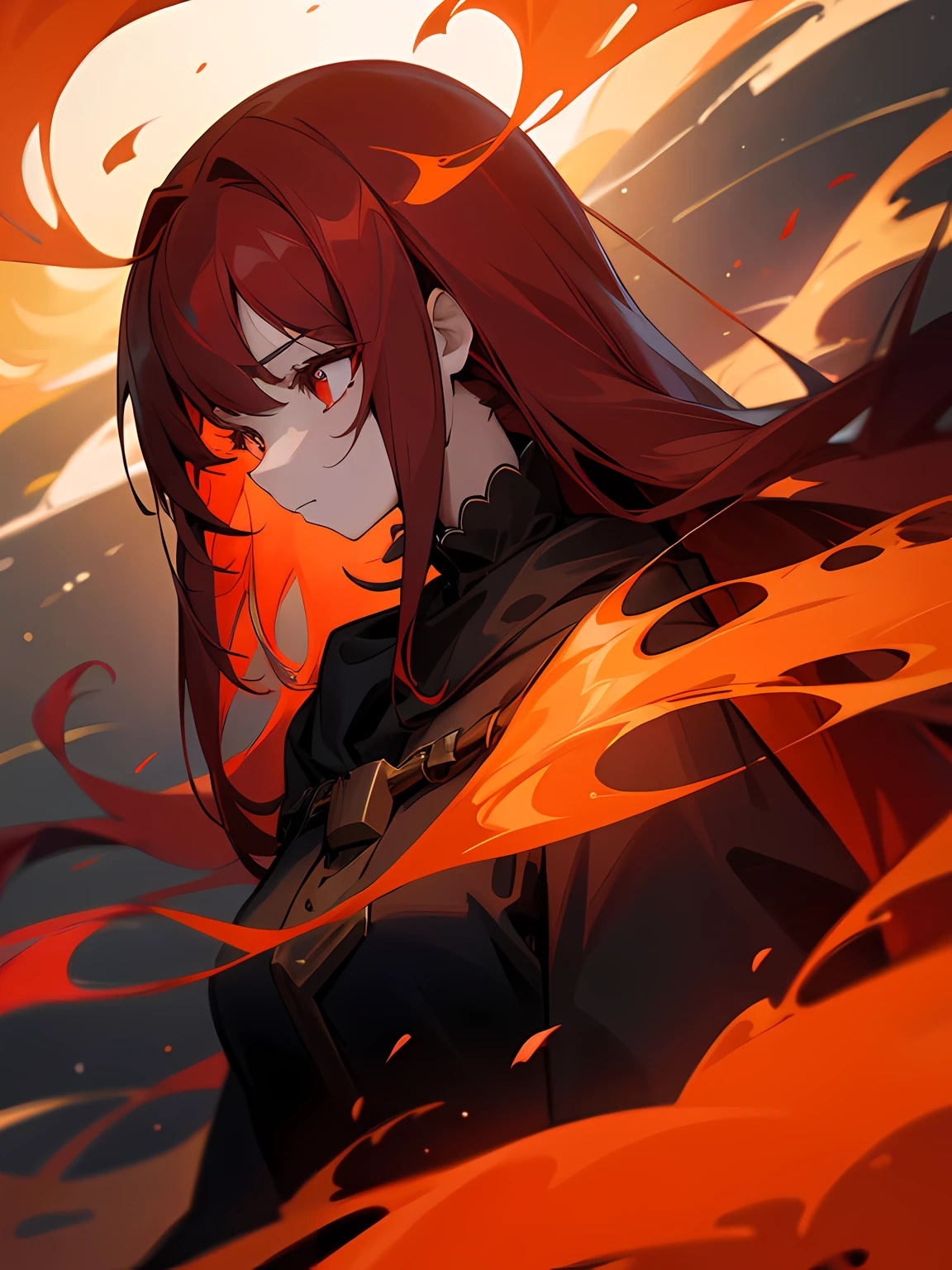 1girl, long red hair, red eyes, sad, face and neck shot, surrounded by flames, looking to the side, looking down, absurdres, high res, ultrasharp, 8k, masterpiece