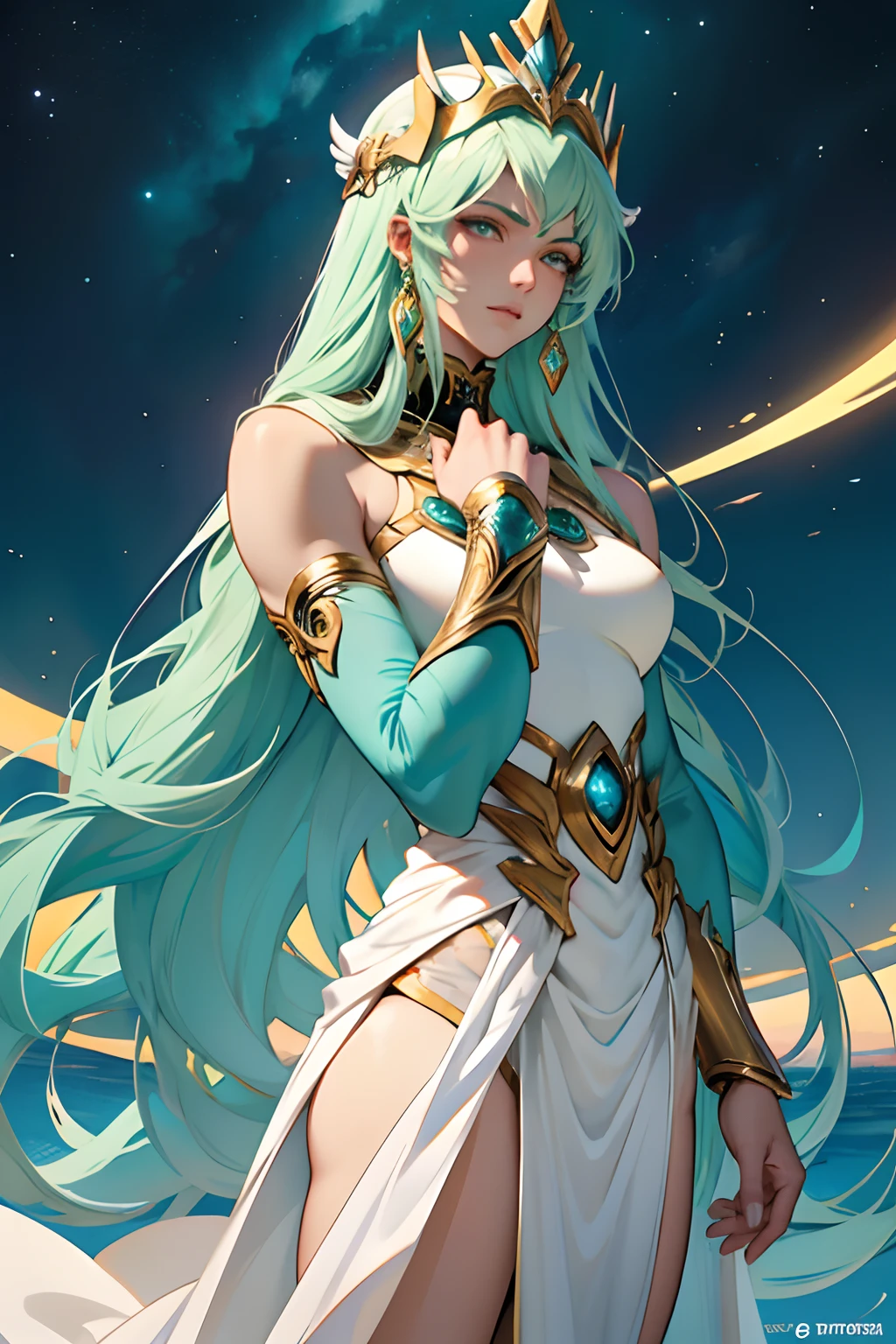 Deus Himeros no Universo de Saint Seiya com uma armadura rosa sagrada, com longos e volumosos cabelos verdes seafoan, pale skin, e verde rosa, Rosto detalhado, detailed hands, perfect hands, rosto perfeito