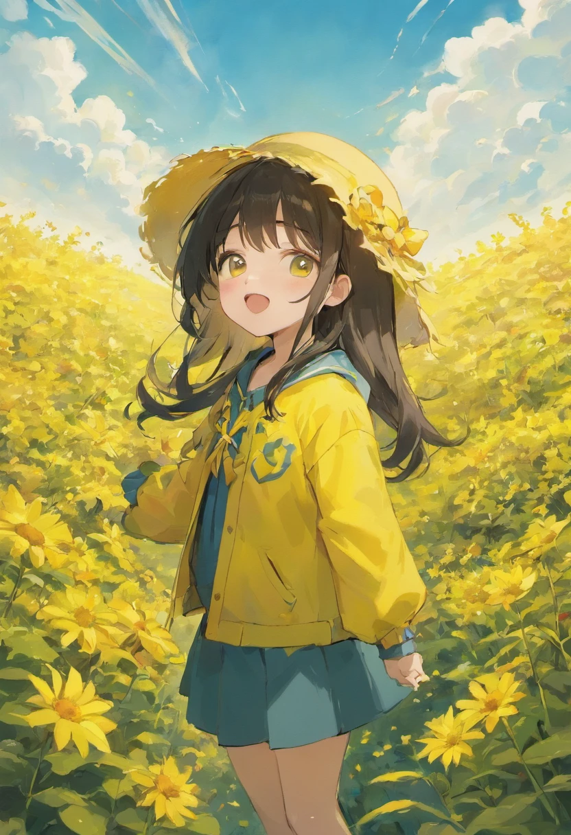 A happy little girl，Hats，Long black hair，Canola bushes，butterflys，Yellow coat，with blue sky and white clouds，