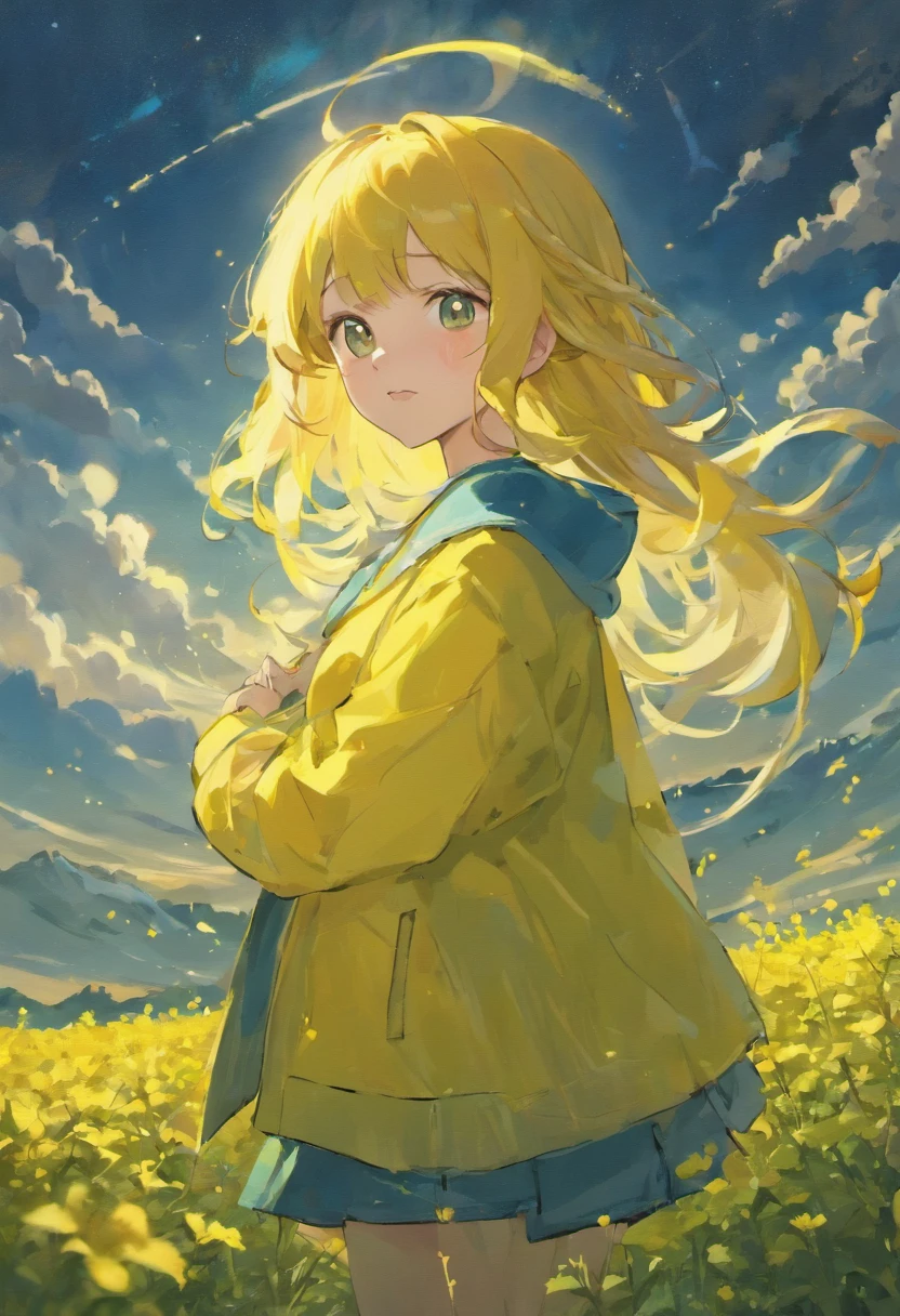 A happy girl,Hats,Long black hair,Canola bushes,butterflys,Yellow coat,with blue sky and white clouds,