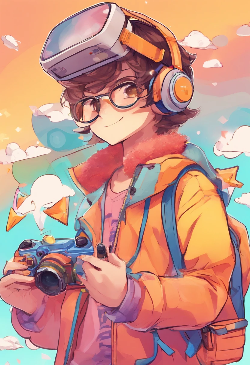 A student with a VR in his hand with a camera flying over his head with a tool for drawing next to him