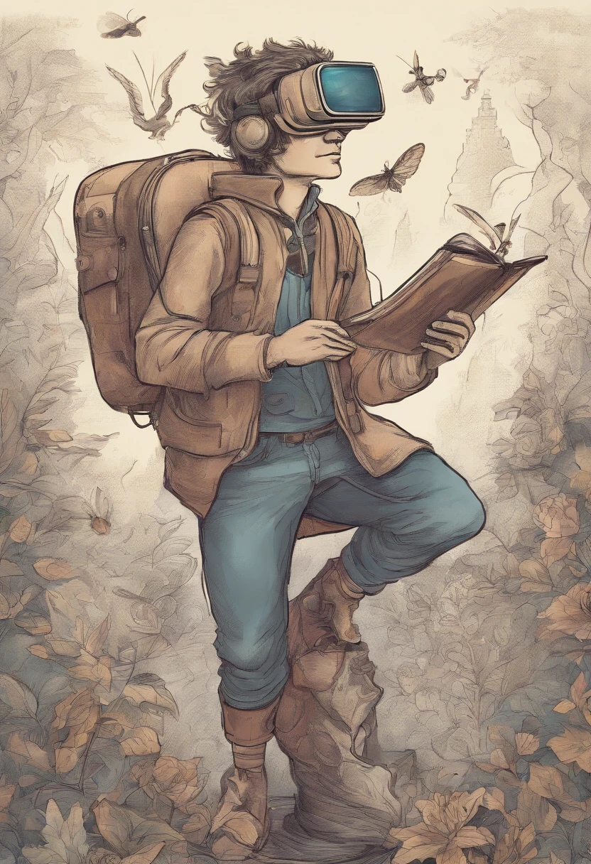 A student with a VR in his hand with a camera flying over his head with a tool for drawing next to him