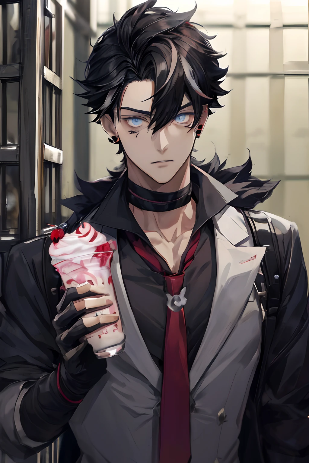 anime guy with black hair and red tie holding a milkshake, handsome guy in demon slayer art, key anime art, tall anime guy with blue eyes, badass anime 8 k, trigger anime artstyle, anime handsome man, handsome japanese demon boy, portrait gapmoe yandere grimdark, inspired by Okumura Masanobu, anime portrait of a handsome man