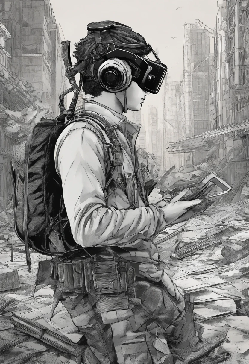 A student with a VR in his hand with a camera flying over his head with a tool for drawing next to him