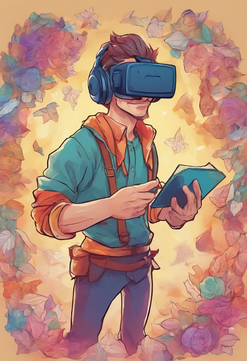A student with a VR in his hand with a camera flying over his head with a tool for drawing next to him