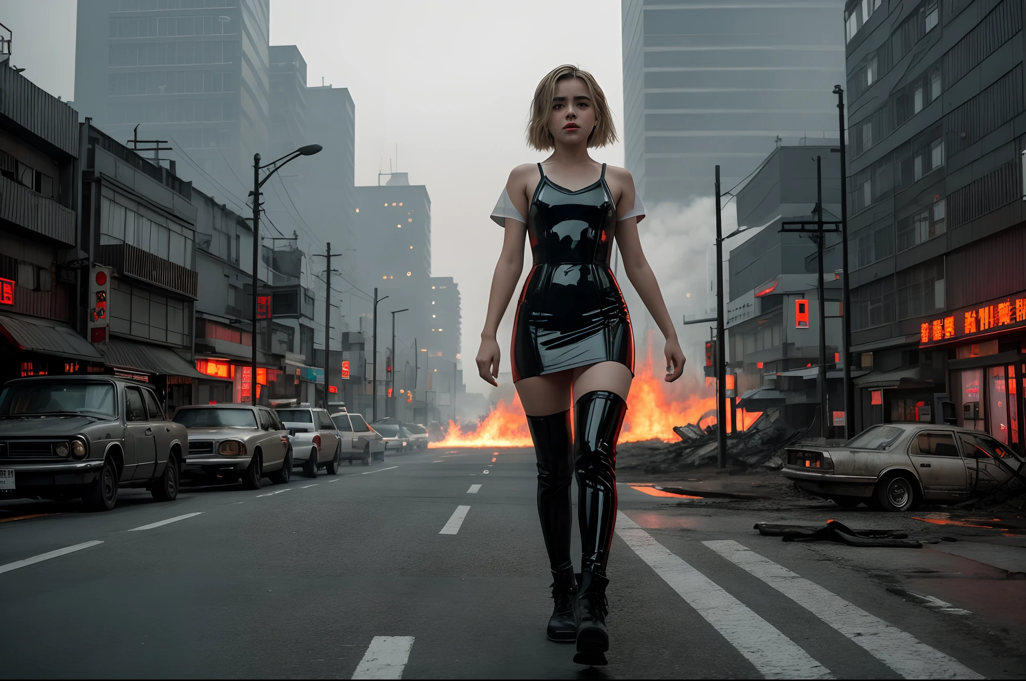 Kiernan Shipka, rosto perfeito, olhos azuis, red-lips, seios grandes, cintura estreita, coxas grossas, usando vestido curto e justo de latex, vestido skintight, Latex socks up to the knees, walking down a city street with a fire in the background, em uma paisagem urbana arruinada, ( apocalyptic ) 8 mil, in a post-apocalyptic setting, in a post apocalyptic city, cinematic photograph concept art, cinemactic. por leng jun, apocalyptic scenery, set in post apocalyptic tokyo, apocalyptic 8 k, apocalyptic 8 k, destroyed city in the background