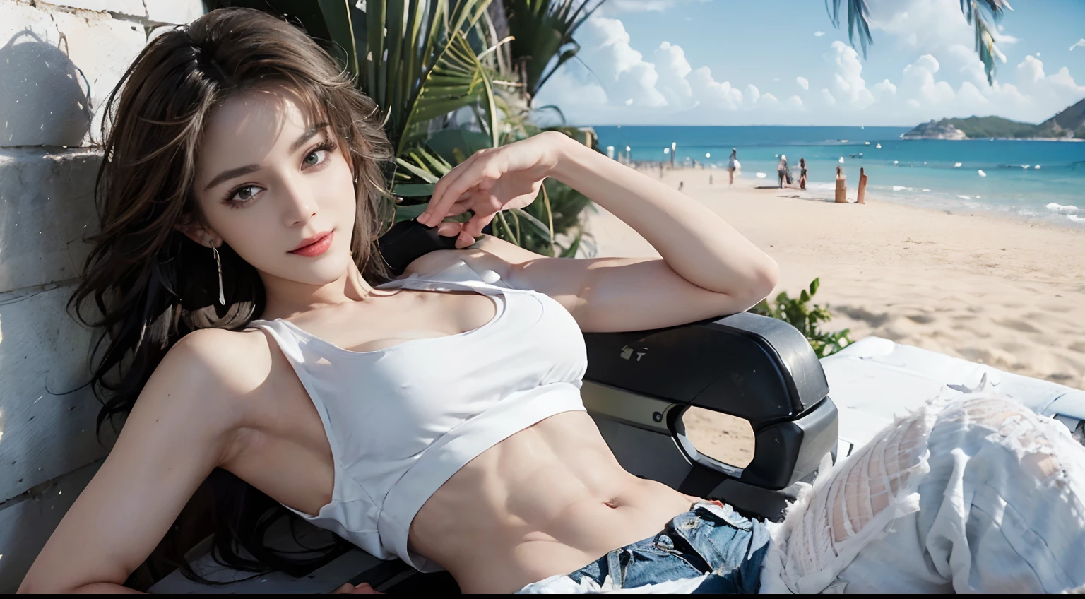 ((best qualtiy, 8K, tmasterpiece:1.3)), edgy:1.2, A beautiful woman with a perfect body:1.4, Slim Abs:1.2, ((Layered hairstyle, large full breasts:1.5)), (Athens,the street:1.2),saturated:1.5,Highly detailed facial and skin texture,A detailed eye,Double eyelidd,Look at the camera sideways,open shirt,navels,exposed navel,Cover your chest with your hands,hands on breasts, , Sunny weather, seaside, waves, palm tree, White t-shirt and ripped shorts, Sunny weather, seaside, waves, palm tree, White t-shirt and ripped shorts, Sunny weather, seaside, waves, palm tree, (White tank top T-shirt and ripped shorts), (Underarms), (White tank top t-shirt and ripped jeans), (Underarms), (White tank top T-shirt and ripped shorts), (Underarms), (White tank top t-shirt and ripped jeans), (Underarms), (White tank top T-shirt and ripped shorts), (Underarms), (White tank top t-shirt and ripped jeans), (Sharp abs), (Six-pack), , (Sharp abs), (Six-pack), (Sharp abs), (Six-pack), (Underarms), (Underarms), (Underarms), (Sorrisos), (Sorrisos)