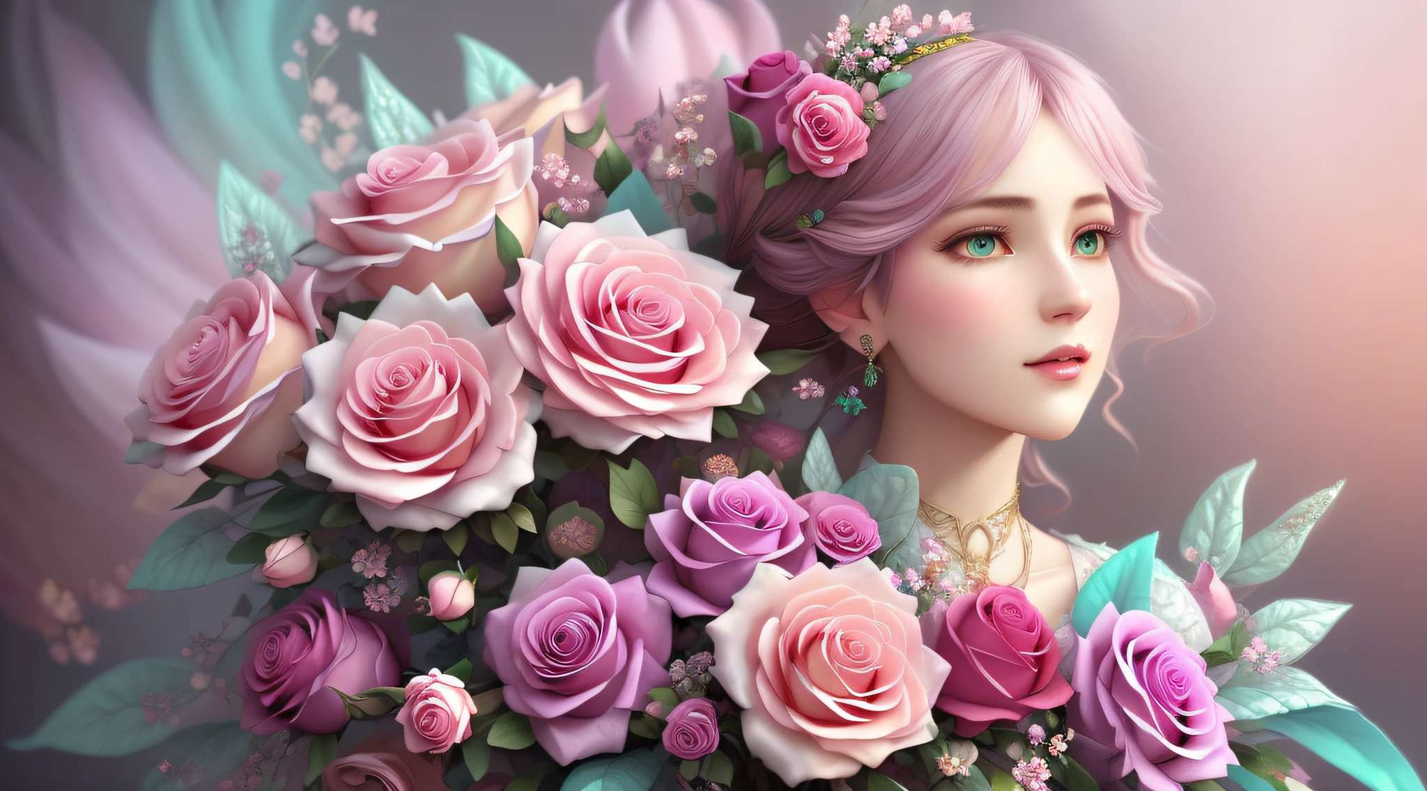 mdjrny-v4 style, whimsical fantasy elegant rose floral botany maximalism with a wave of flowers garden flowing flowers floating in misty soft pink, aqua, soft apricot, smoke fractal, moody and big scale realistic flowers, octane render, by josephine wall art, isabelle menin, Jean, amy brown