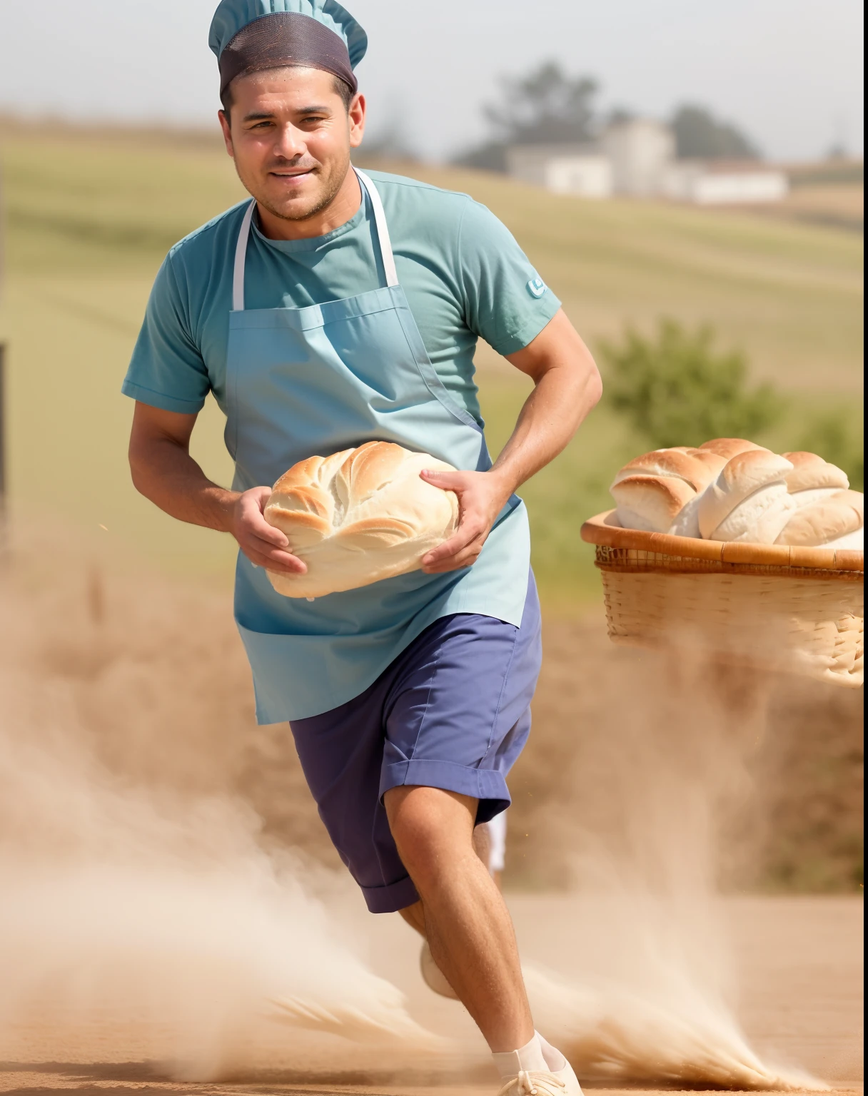 Na imagem, A baker is depicted in action. He wears a white apron and a cook's hat. Your feet are in motion, indicating that he is running. In the hands, He holds a large bowl of bread dough, with visible flour at the edges