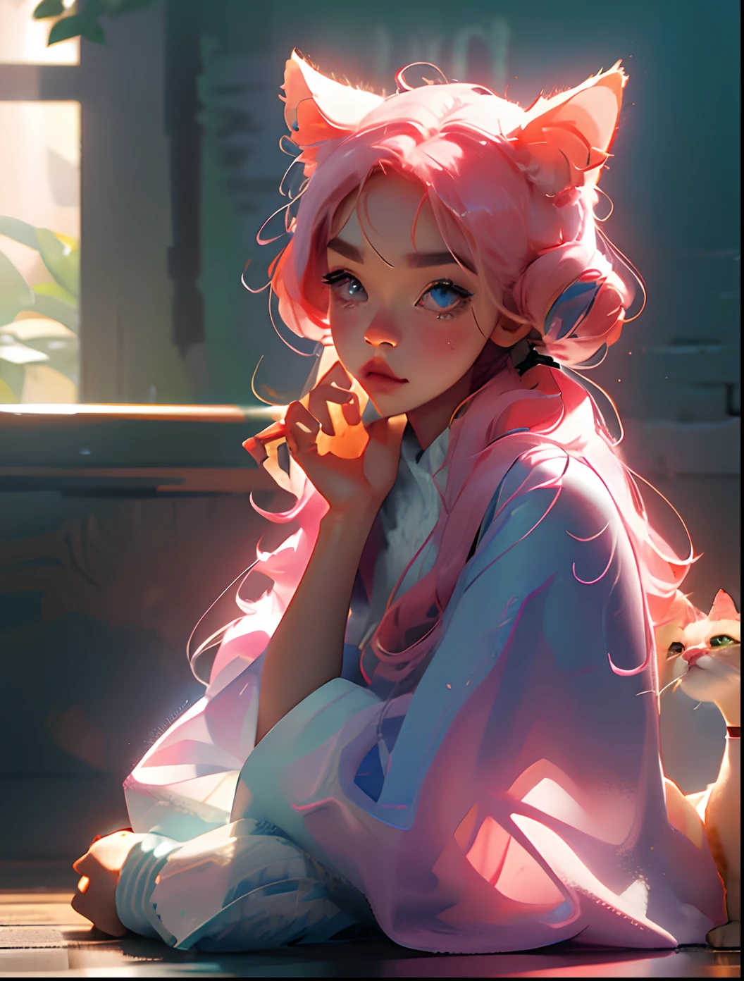 Pink hair cat ear Twin-tailed kawaii