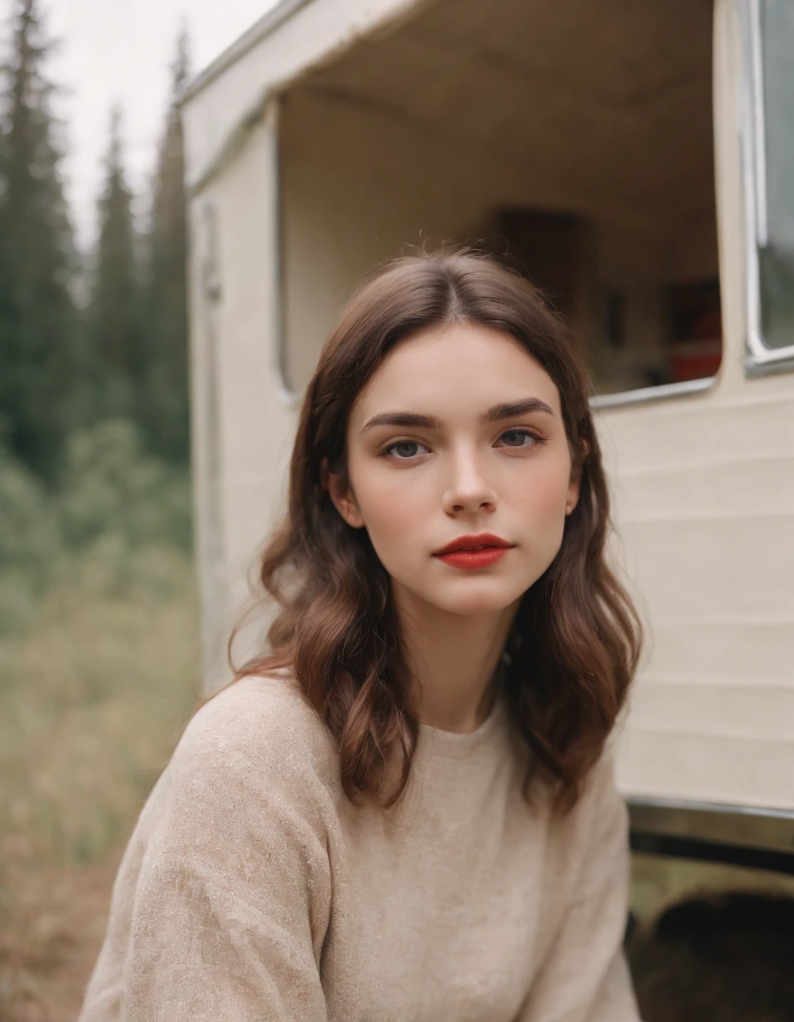 analog photography, grain film, vintage photo, portra 400, flash, in the style of lo-fi aesthetics, a girl sitting near a camping trailer, light beige and red, half body shot