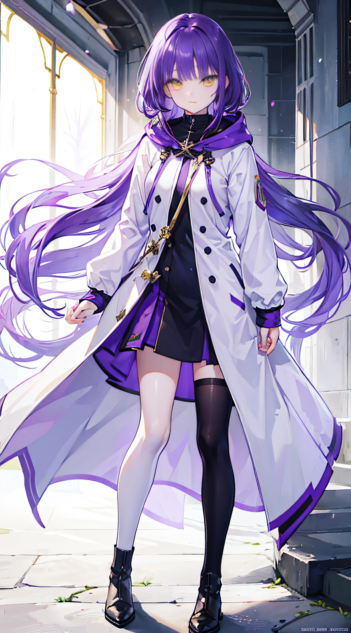 (Realistic:1.2),One girl,Purple hair, hair over shoulders, Parted bangs, Yellow eyes, Bright pupils,stare,White wool coat with hood, white ankle boots, Black stockings,Purple flowers in the background,Lush green garden,Soft sunlight,tranquil ambiance