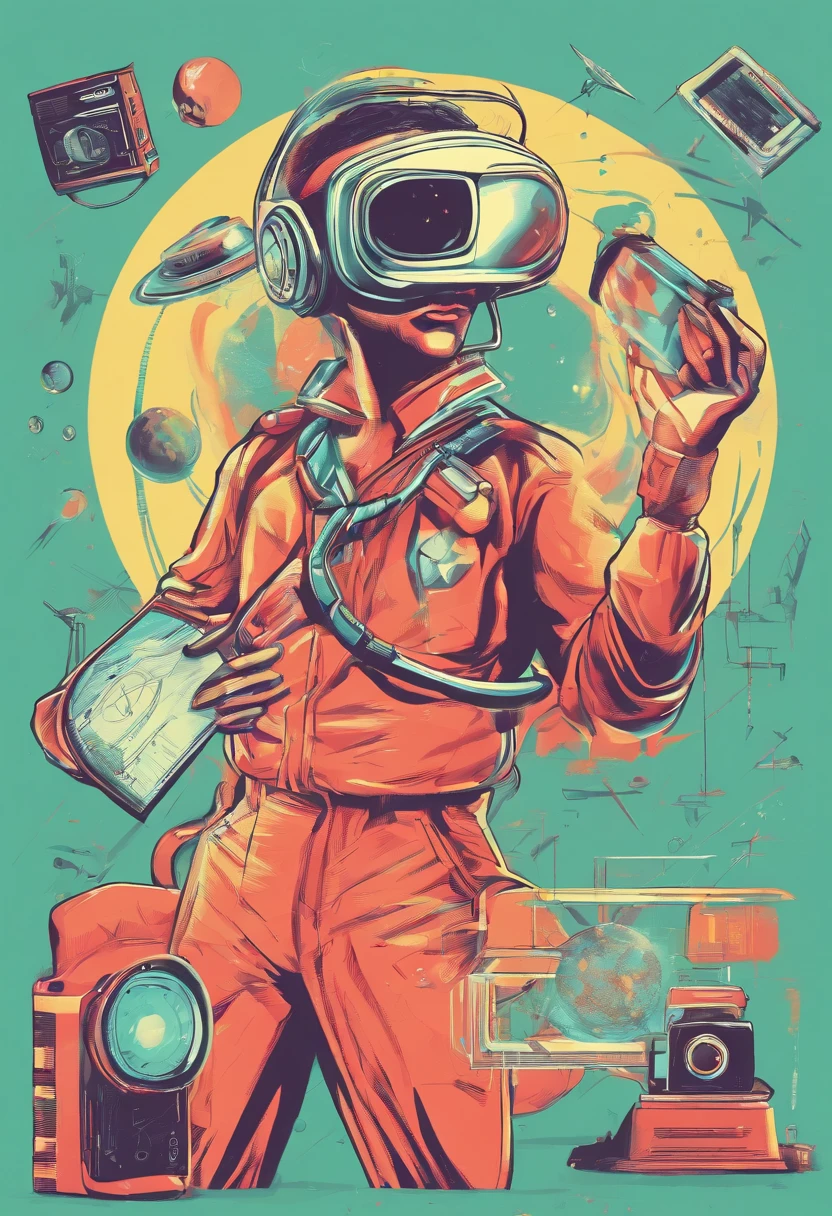 A student with a VR in his hand with a camera flying over his head with a tool for drawing next to him