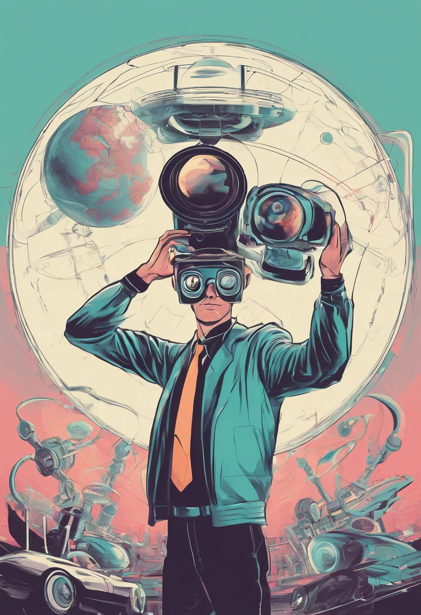 A student with a VR in his hand with a camera flying over his head with a tool for drawing next to him