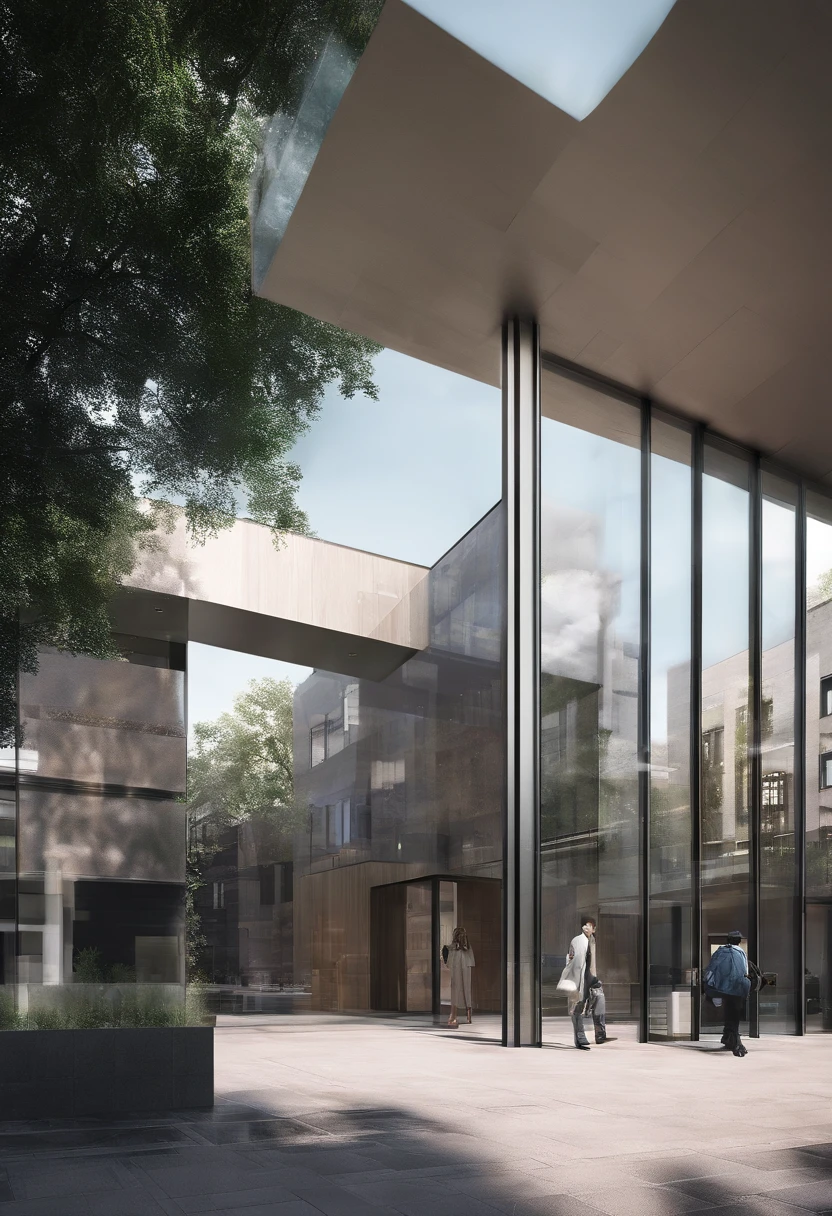 sunlights, modern day，center model buildings,with modern architectural facades creating a sleek and sophisticated environment. The use of glass and stone walls adds to the overall realism of the scene, architectural model, an extremely detailed building, realistic building, full building, multistory building, Single building, from street level, Tall building, cinematic architectural scale, hq render，There are streets and tall buildings around，Bustling，Skysky，​​clouds，Modern building entrance