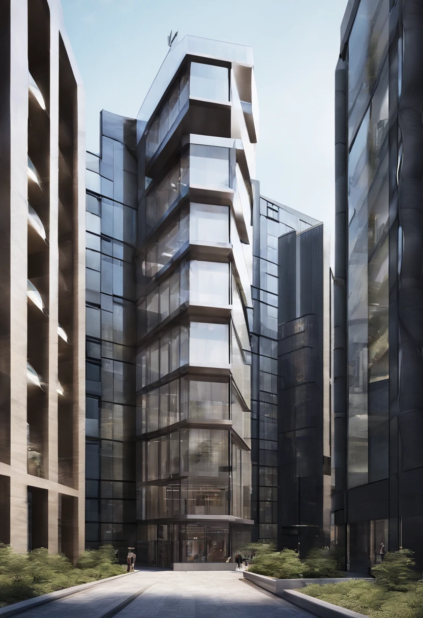 sunlights, modern day,center model buildings,with modern architectural facades creating a sleek and sophisticated environment. The use of glass and stone walls adds to the overall realism of the scene, architectural model, an extremely detailed building, realistic building, full building, multistory building, Single building, from street level, Tall building, cinematic architectural scale, hq render,There are streets and tall buildings around,Bustling,Skysky,clouds,Modern building entrance