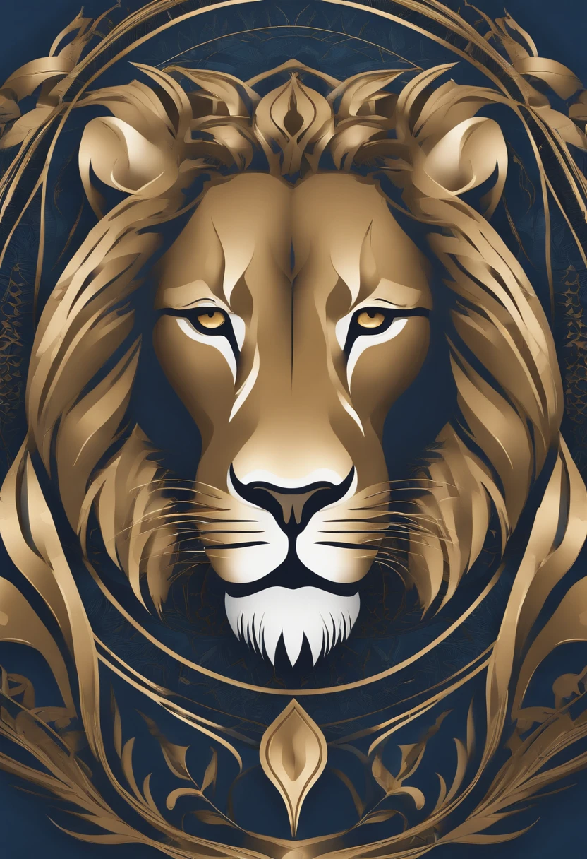 Minimalist lion body logo, inspiriert von James Jeans Stil. Einfaches und einfaches Symbol, which depicts a lion's face with sharp lines and defined contours. Farbpalette aus tiefem Blau und schimmerndem Gold. Elegant typography and even spacing. Powerful combination of mythological elements and artistic aesthetics