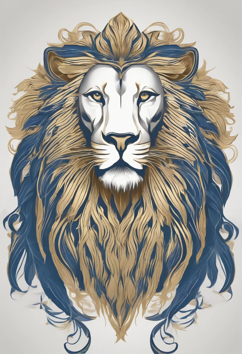 Minimalist lion body logo, inspiriert von James Jeans Stil. Einfaches und einfaches Symbol, which depicts a lion's face with sharp lines and defined contours. Farbpalette aus tiefem Blau und schimmerndem Gold. Elegant typography and even spacing. Powerful combination of mythological elements and artistic aesthetics