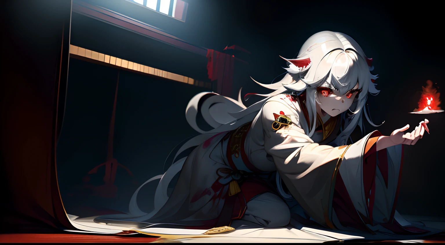 Best quality,Masterpiece,超高分辨率,(Photorealistic:1.4),Big cat,Fierce,Pounce on the camera,(Dynamic Angle),True blood,Angry,Gape,red - eyed,White fangs,(White hair), red color eyes, (full bodyesbian), (Claws),(Tears),Blood drop,Blood fog, Floating hair,Splashing blood,(blood stain),