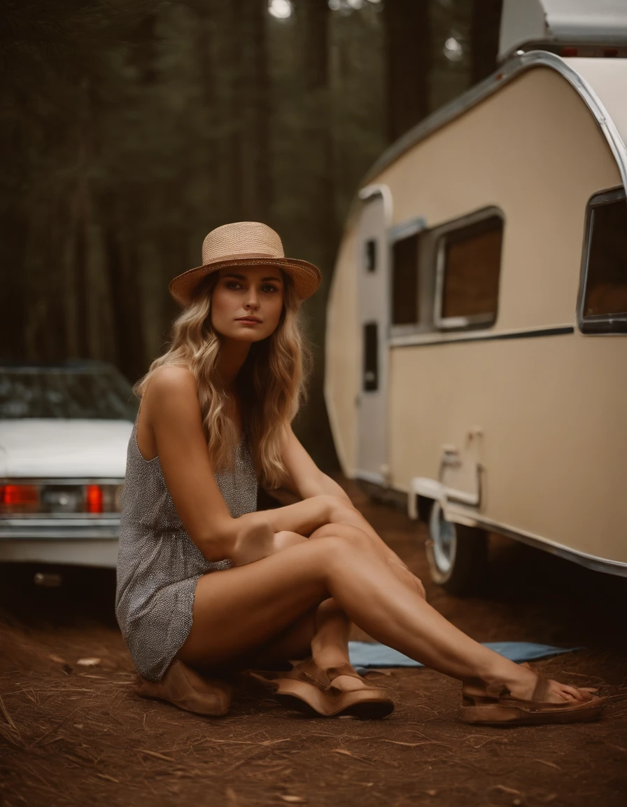 analog photography, grain film, vintage photo, portra 400, flash, in the style of lo-fi aesthetics, a girl sitting near a camping trailer, light beige and red, half body shot