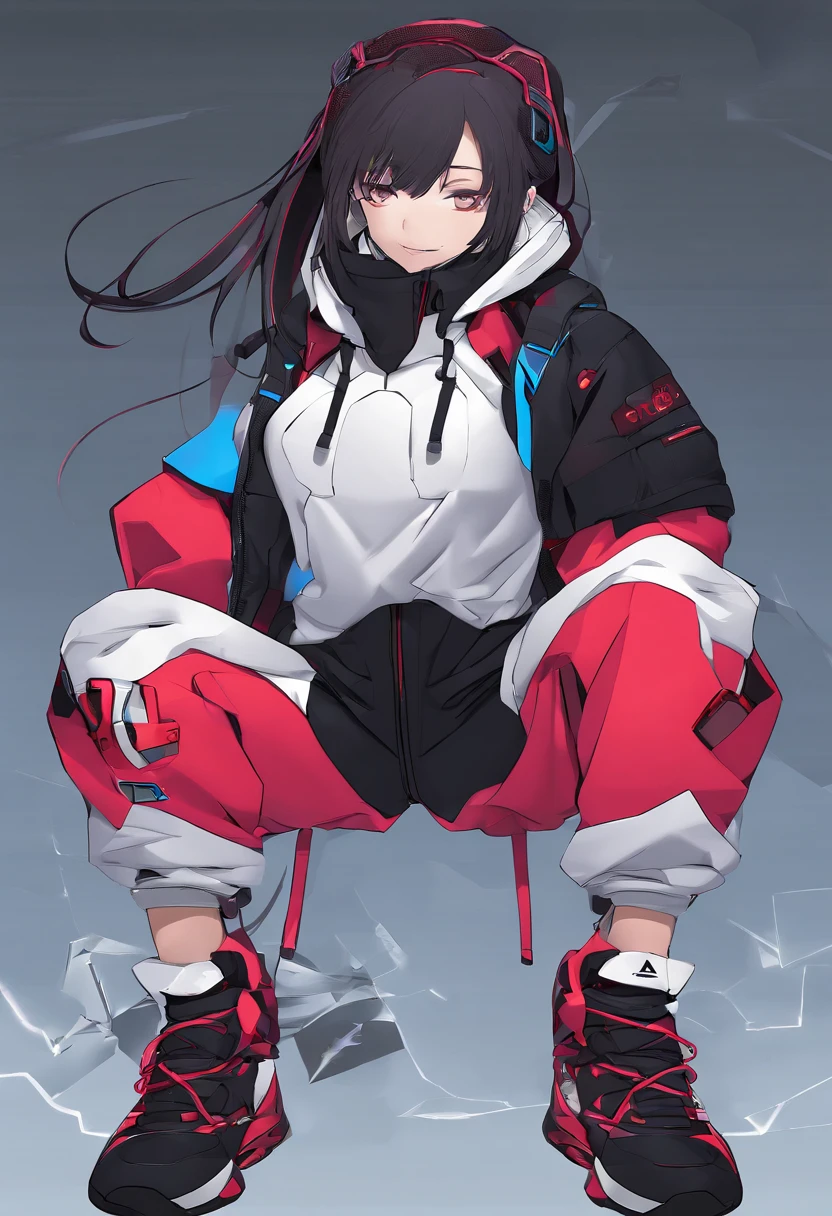 (masutepiece:1.2, Best Quality),  [1 girl in, expressioness, Turquoise eyes, jet-black hair, half short cut hair,White Jacket,jacket comes off, leaning forward hands on knees ,Upper body]