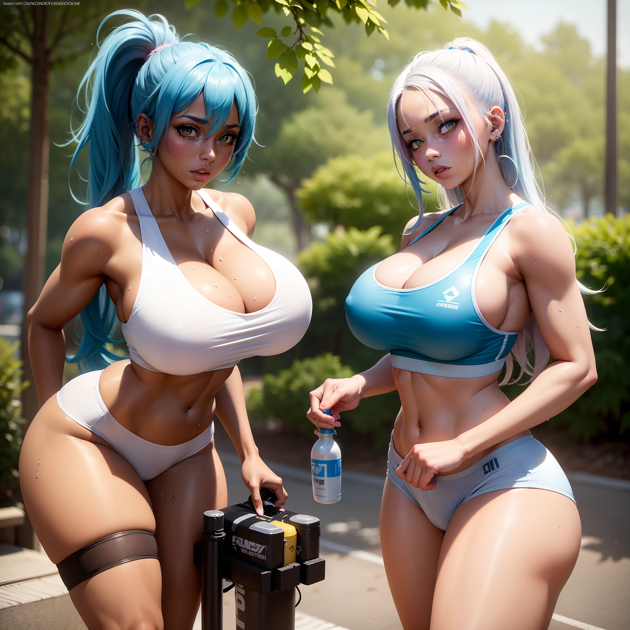 The most beautiful and sexy workout girl, baby blue hair, yellow eyes, dark african skin, huge gigantic tits, cleavage showing, tons of tattoos and piercings, dripping wet and sweaty body, wearing white and pink name branded sports bra and leggings, holding a water bottle, in a neighborhood park, highly detailed background, perfect masterpiece, high quality, high resolution