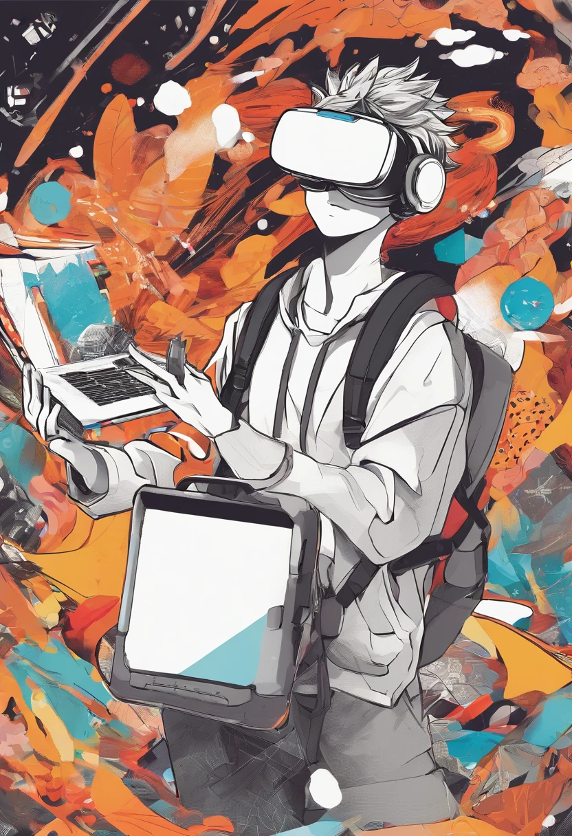 A student with a VR in his hand with a camera flying over his head with a tool for drawing next to him