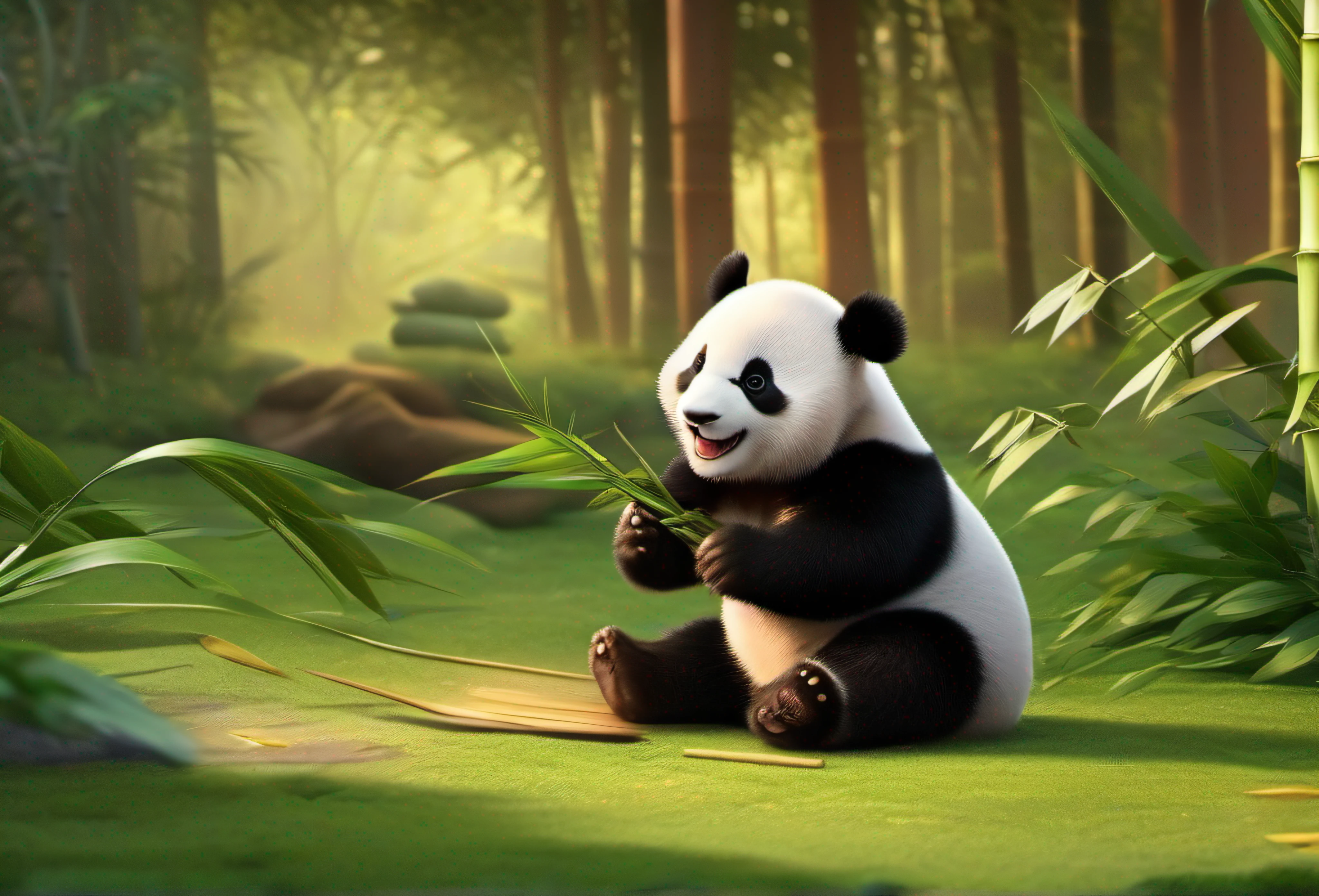 Baby panda,Eating bamboo,Bamboo is placed on the ground,Fundo sala de estar,Disney style,wide wide shot,8K