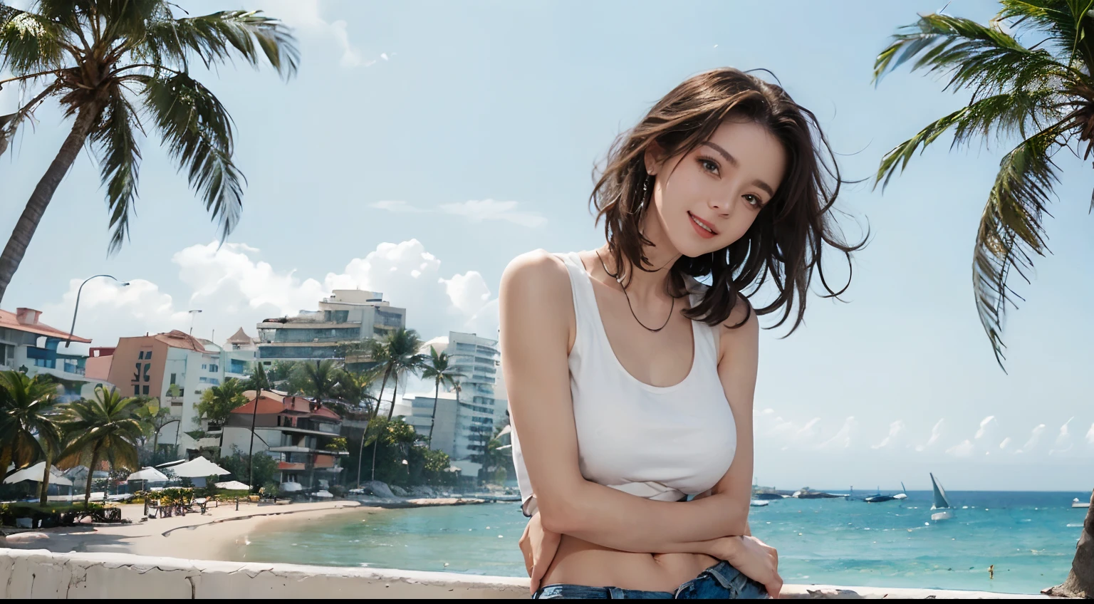 ((best qualtiy, 8K, tmasterpiece:1.3)), edgy:1.2, A beautiful woman with a perfect body:1.4, Slim Abs:1.2, ((Layered hairstyle, tits huge:1.5)), (Athens，the street：1.2），saturated：1.5，Highly detailed facial and skin texture，A detailed eye，Double eyelidd，Look at the camera sideways，open shirt，navels，exposed navel，Cover your chest with your hands，hands on breasts, , Sunny weather, seaside, waves, palm tree, White t-shirt and ripped shorts, Sunny weather, seaside, waves, palm tree, White t-shirt and ripped shorts, Sunny weather, seaside, waves, palm tree, (White tank top T-shirt and ripped shorts), (Underarms), (White tank top t-shirt and ripped jeans), (Underarms), (White tank top T-shirt and ripped shorts), (Underarms), (White tank top t-shirt and ripped jeans), (Underarms), (White tank top T-shirt and ripped shorts), (Underarms), (White tank top t-shirt and ripped jeans), (She crosses her arms), (She crosses her arms), (She crosses her arms), (Sorrisos), (Sorrisos)