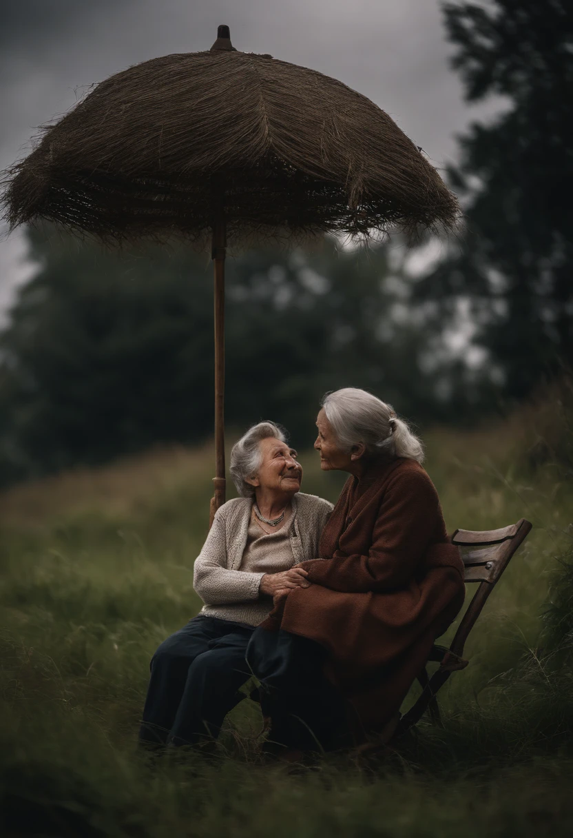 An old woman in the countryside,On a small hillside overgrown with grass,Holding his grandson on a wooden chair。It was getting overcast,Rainclouds are gradually approaching。The wind is blowing,The grass on the hillside swayed in the wind,The earthy wind blew across the old man's cheeks,She was singing "It's dark,It's going to rain"