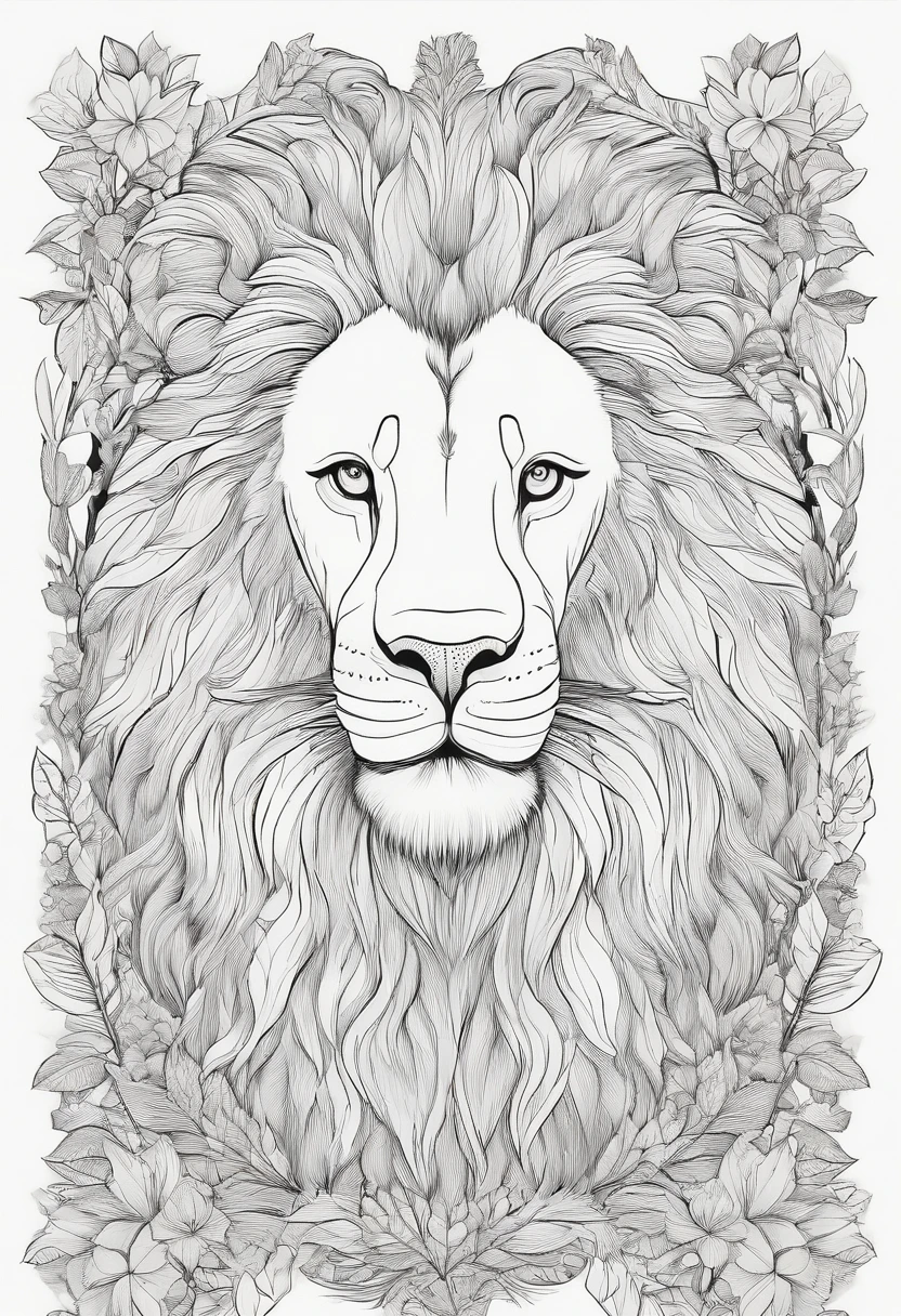 COLORING BOOK OF A LION IN THE FOREST,Childish traits,Dicke Linien,keine Farbe,white background,Nur Bindestriche