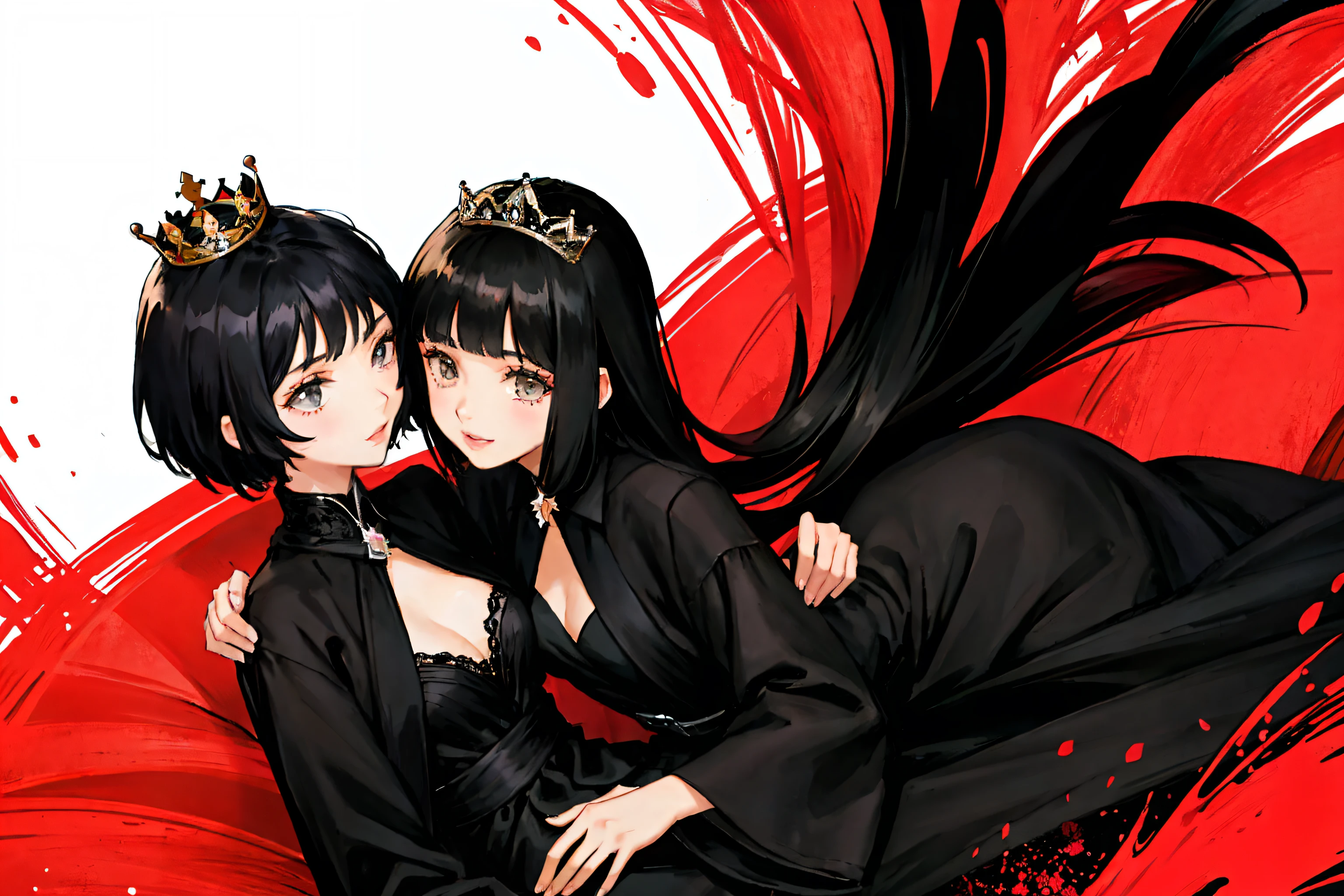 A woman who has short neck length hair, dark eyes, wearing circle shades which are red. Wears black fashionable suits. Red and black dark tone. Rough look