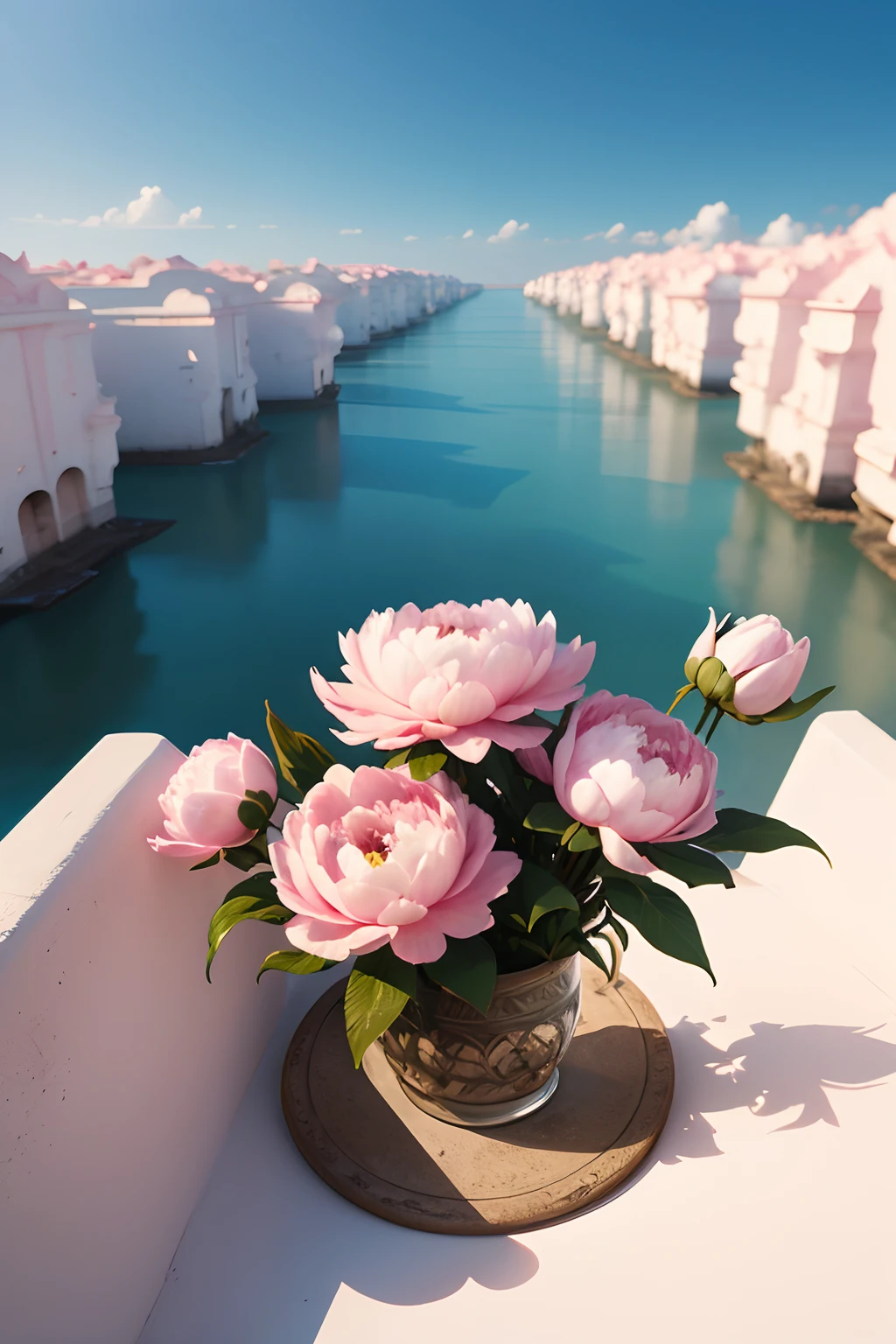 A realistic photograph of pink peonies on a white background, vistas desde arriba