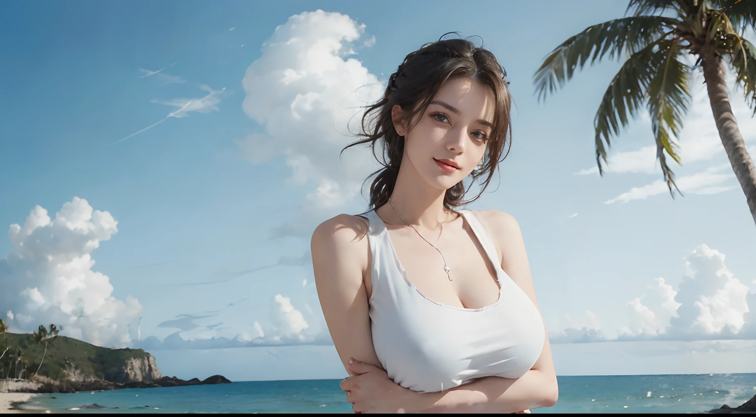 (close up:1.5), (face focus:2), ((side face:2)), 1girl, (large boobs:1.5),(backlighting:1.4), (lighting), (flowing fabric:1.3), (extreme deep v-neck:2), strapless(sheer_fabric:1.5)Lace(summer_dress:1.75), (bare shoulders:1.5), flowing hair, wind, (masterpiece),((puffy eyes)), looking away, smiling, beach, outdoors, realistic, HDR, highly detailed, 8k, raw photo, natural, warm tones,