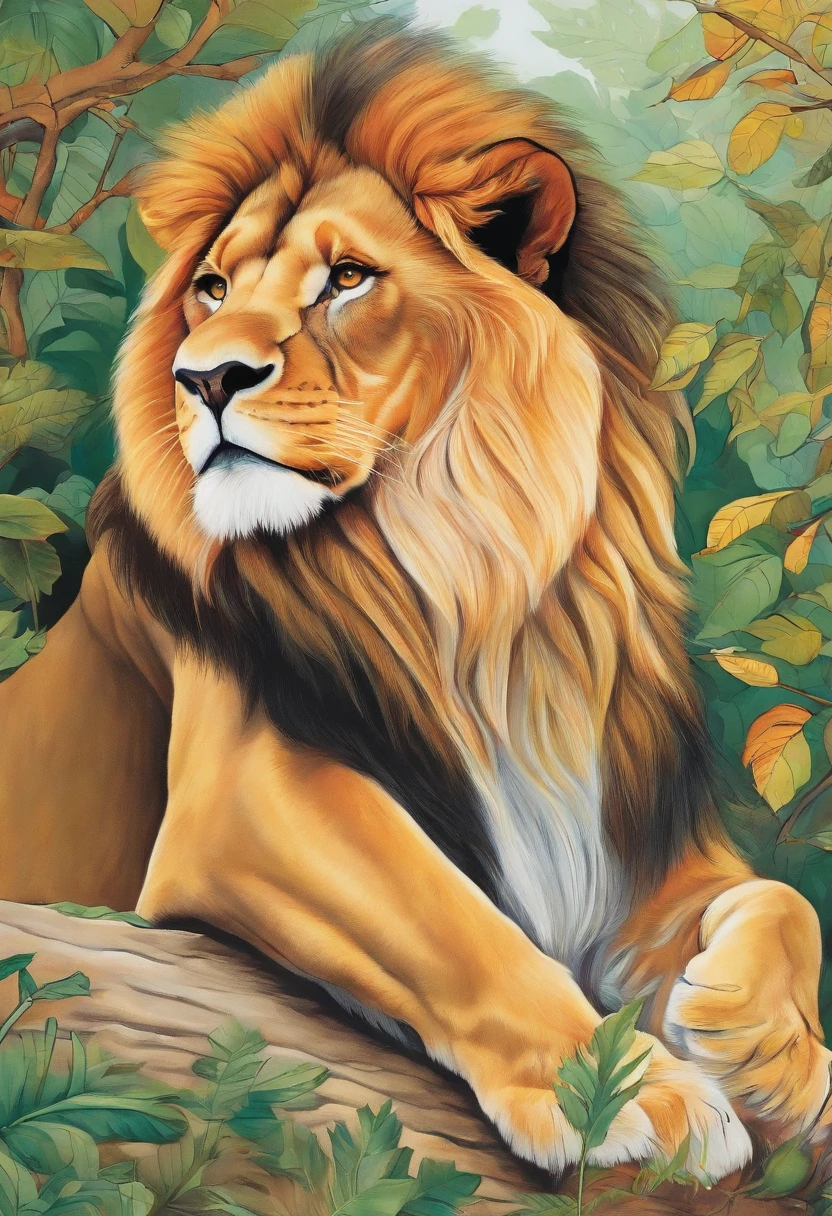 COLORING BOOK OF A LION IN THE FOREST,Childish traits,Dicke Linien,keine Farbe,white background,Nur Bindestriche