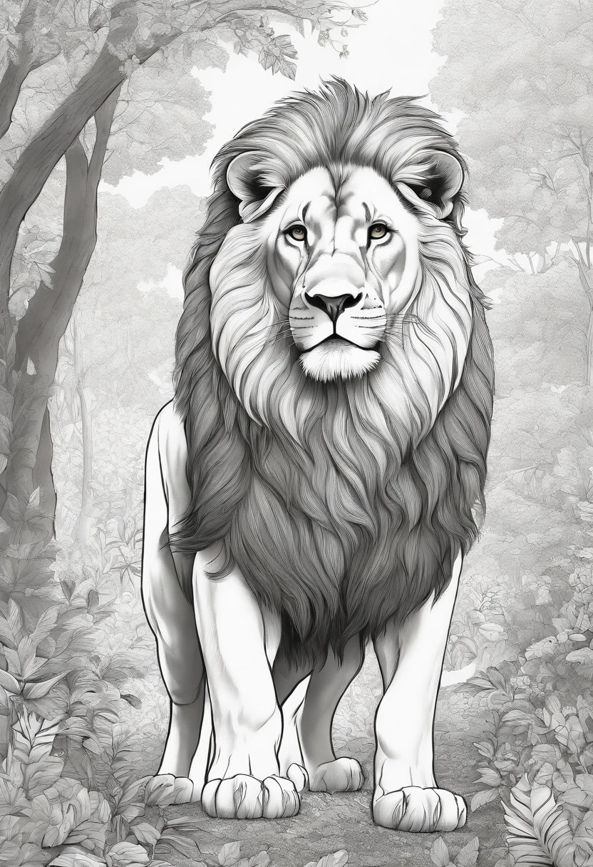 COLORING BOOK OF A LION IN THE FOREST,Childish traits,Dicke Linien,keine Farbe,white background,Nur Bindestriche