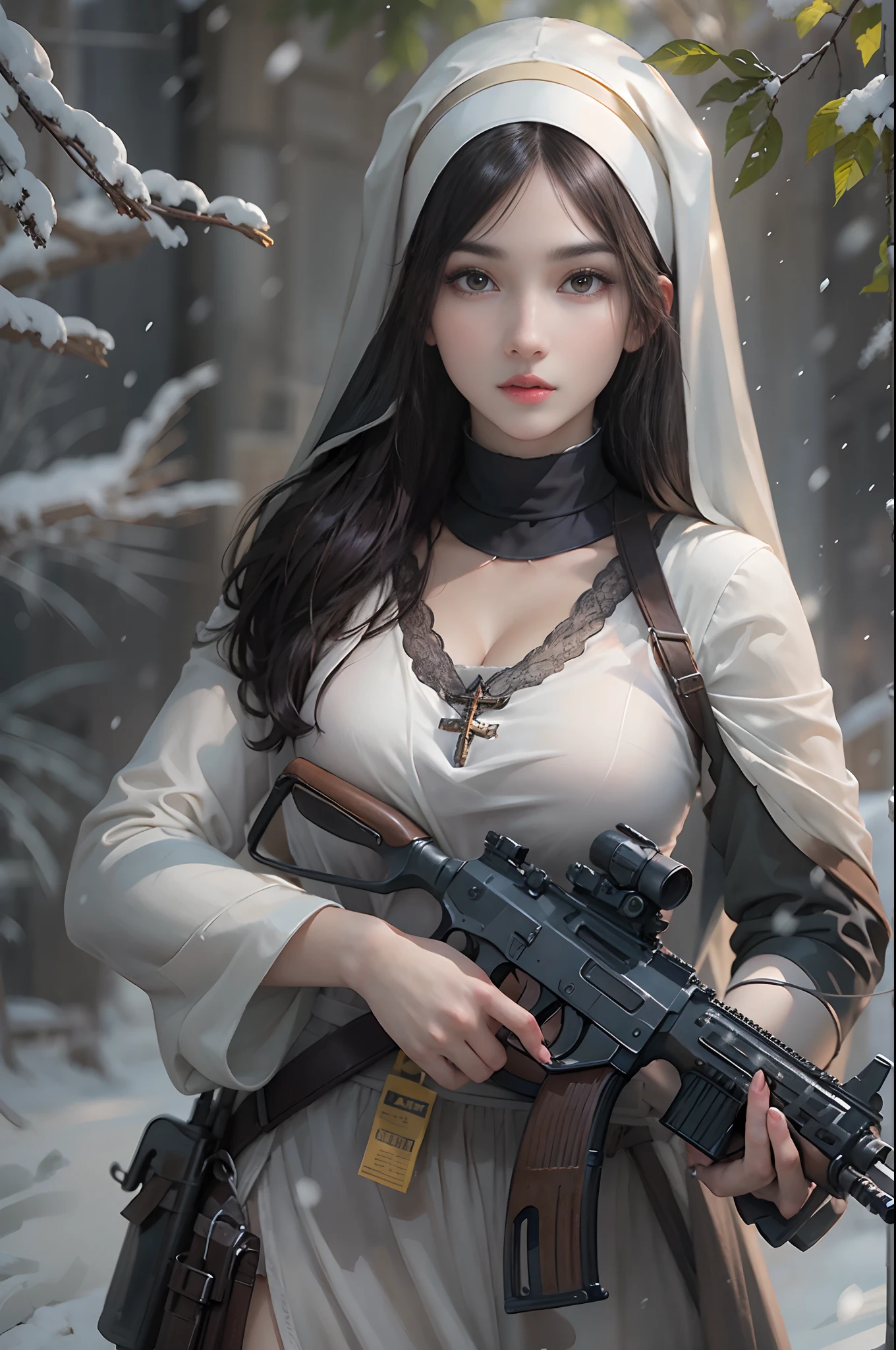 Photorealistic, high resolution, Beautiful tall woman, Solo, Hips up, view the viewer, (Detailed face),Black color hair, Long hair, Young nun costume, Stockings,Snow background, Girl aiming AK-47 assault rifle