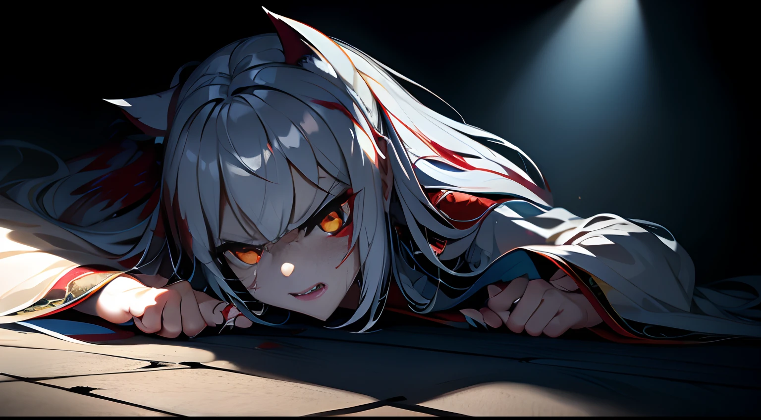 Best quality,Masterpiece,超高分辨率,(Photorealistic:1.4)，Big cat,Fierce，Pounce on the camera,(Dynamic Angle),True blood,Angry,Gape,red - eyed,White fangs,(White hair), red color eyes, (full bodyesbian), (Claws),（Tears），Blood drop,Blood fog, Floating hair，Splashing blood,(blood stain),