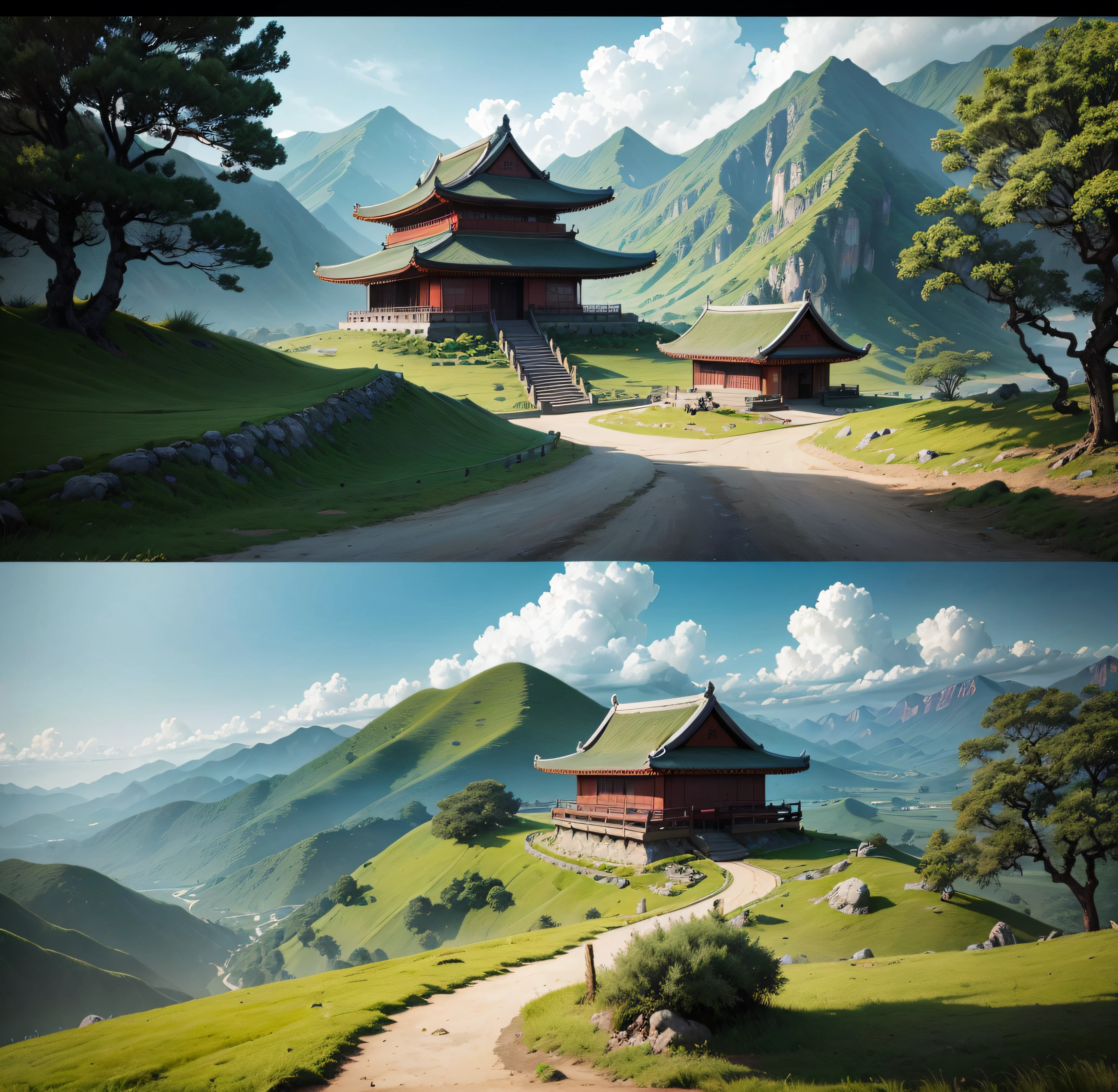 China-style，Cartoony，In the daytime，Heads-up，large panorama，Green mountains in the distance，Nearby is a grassland，Low, small thatched huts nestled on the prairie